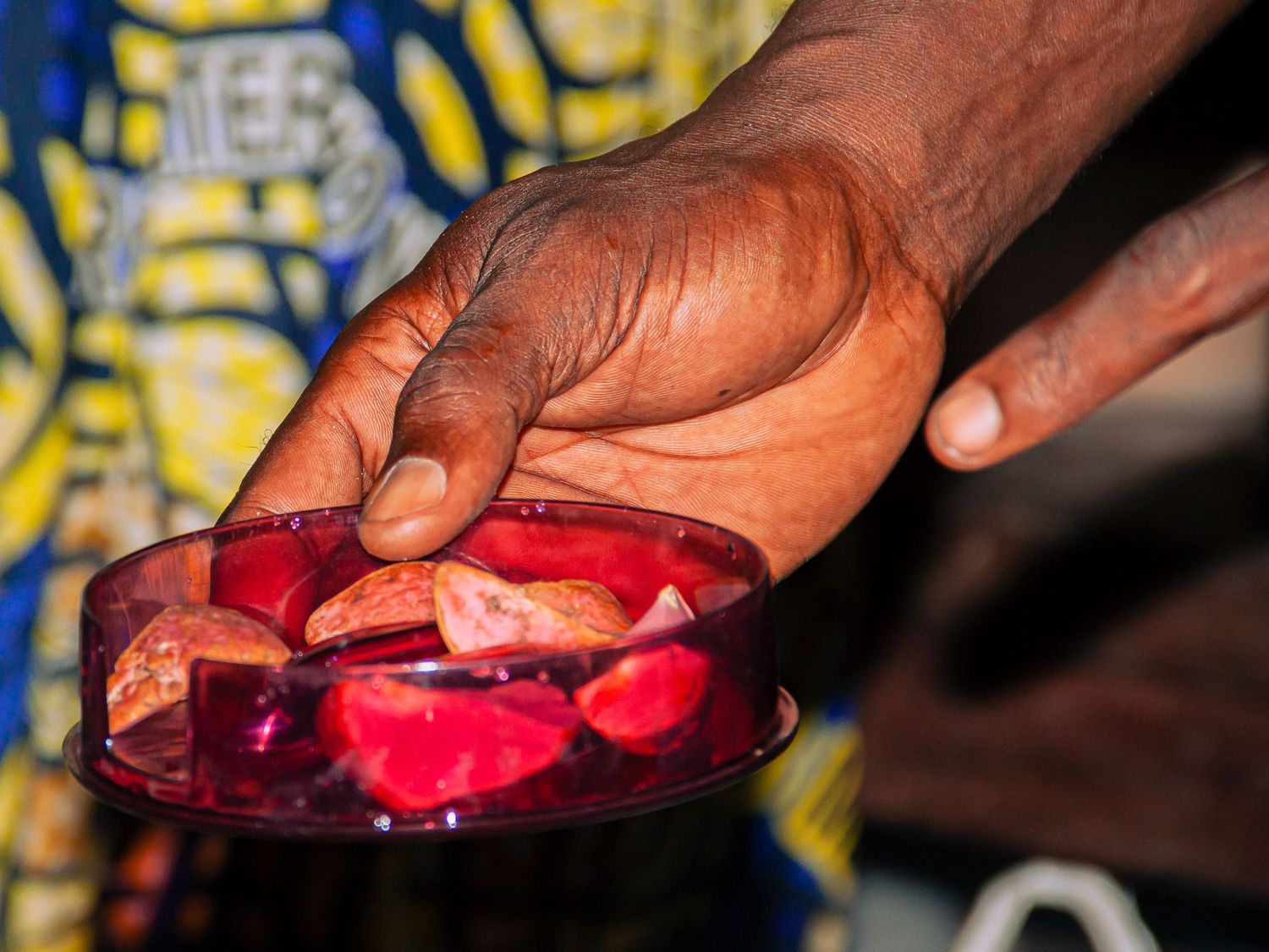 Hand holding a red transparent dish with rose petals and small objects in vibrant African setting.