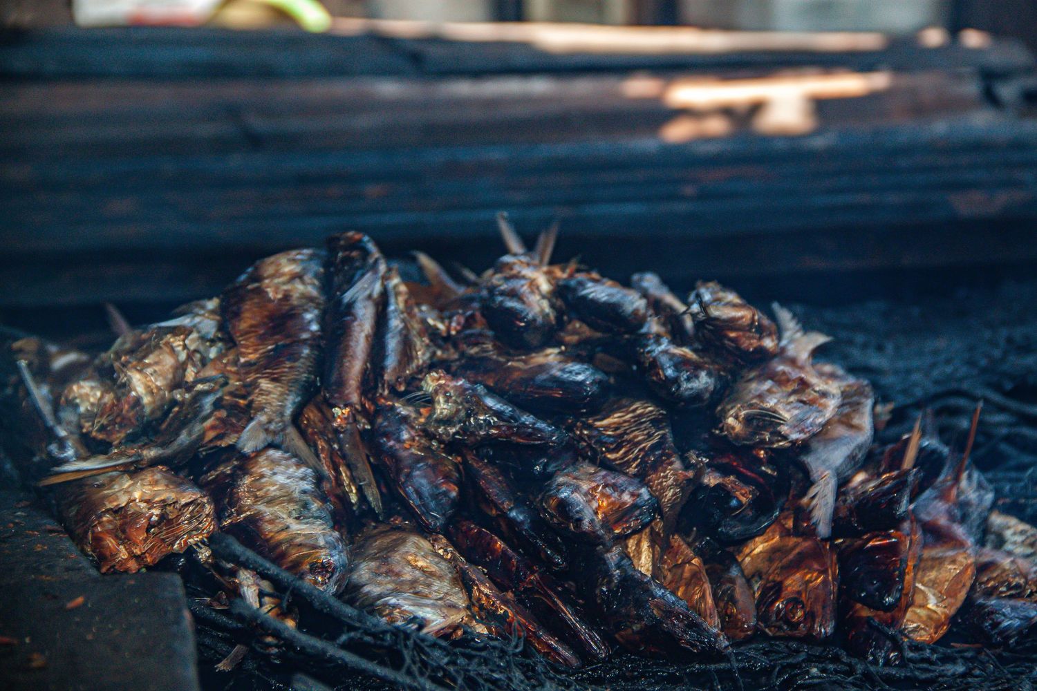 Smoked fish being grilled over an open fire pit outdoors.