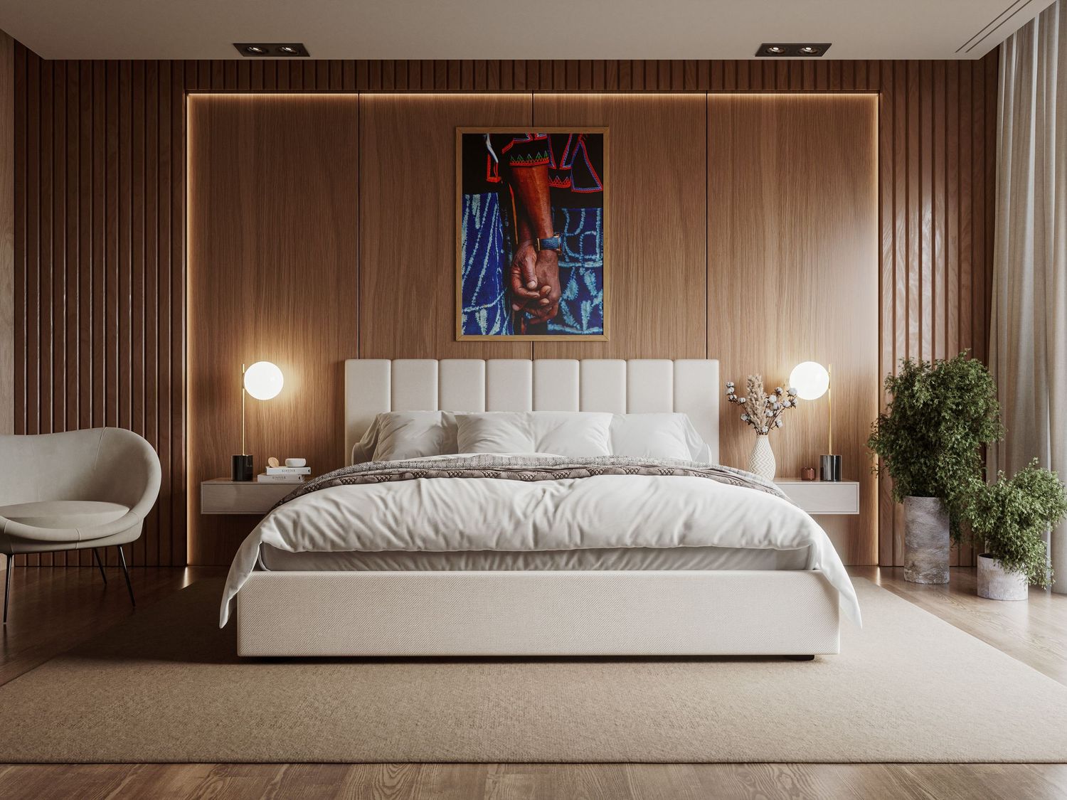 Vibrant abstract painting with bold red and blue tones displayed above a white upholstered bed in a modern bedroom.