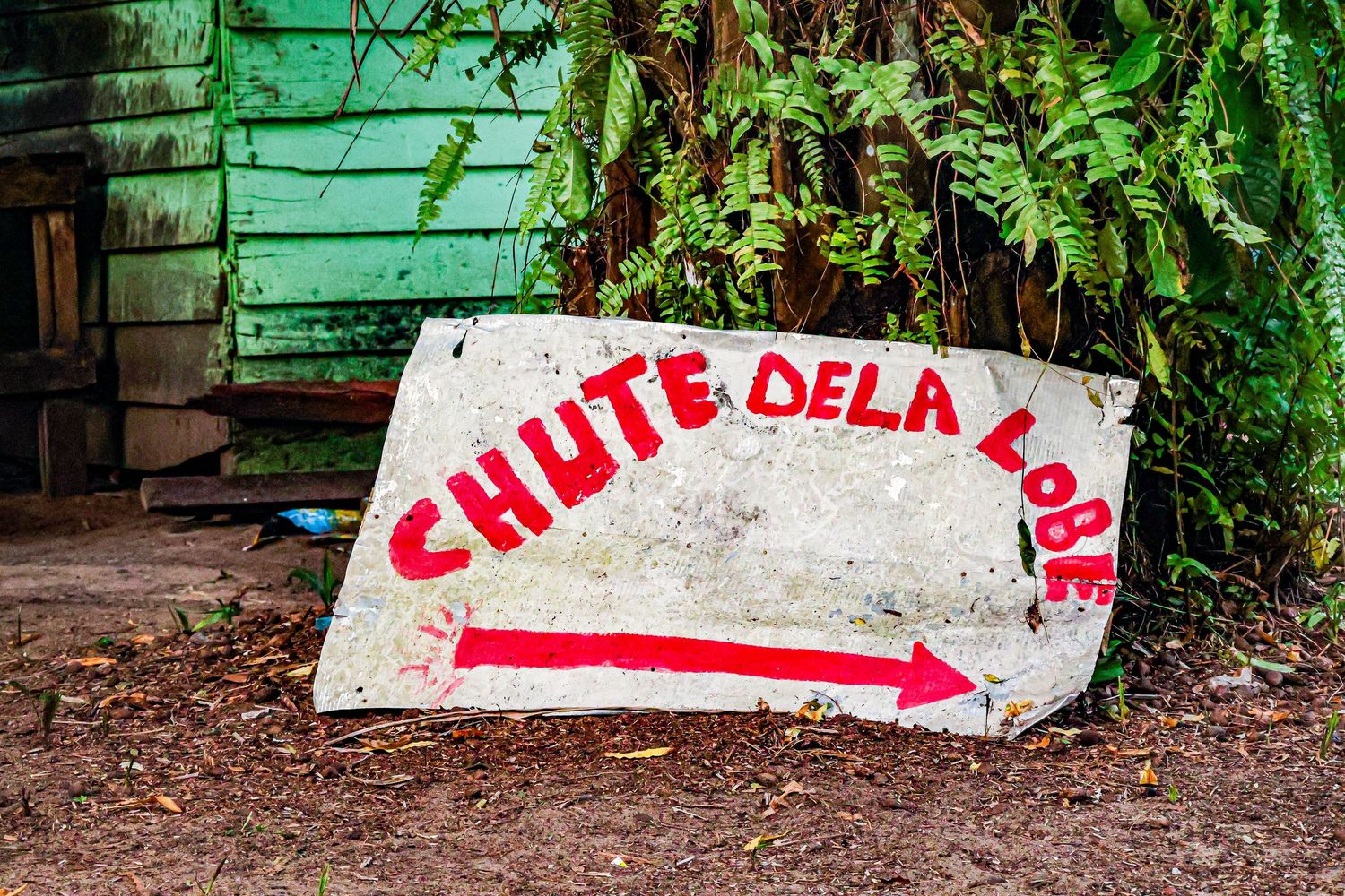 Hand-painted red arrow sign reading Chute de la Lobe leaning against a green wooden wall with ferns.