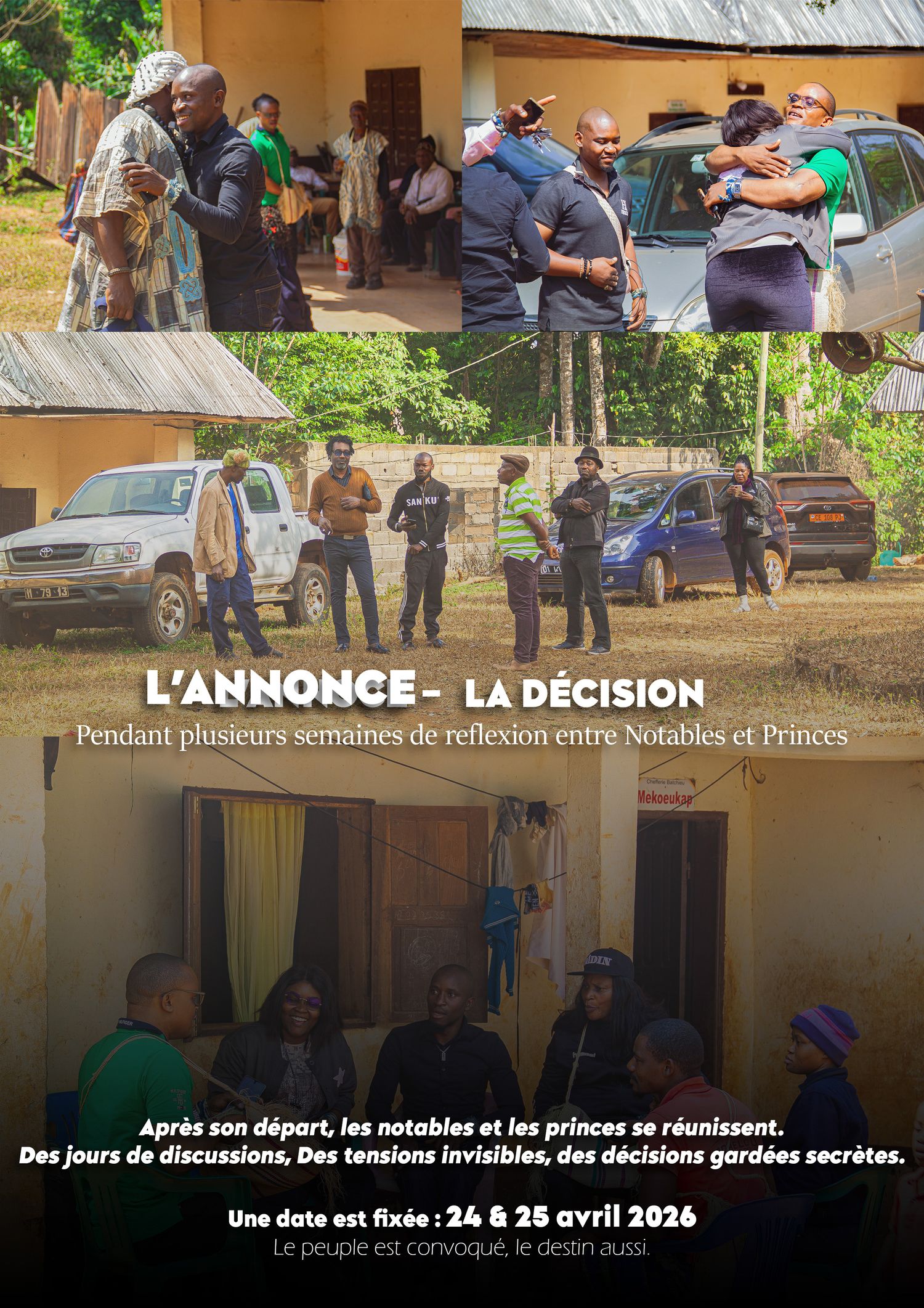 French film poster for L'Annonce La Decision showing dramatic community scenes with notables and princes meeting on April 24-25 2026.