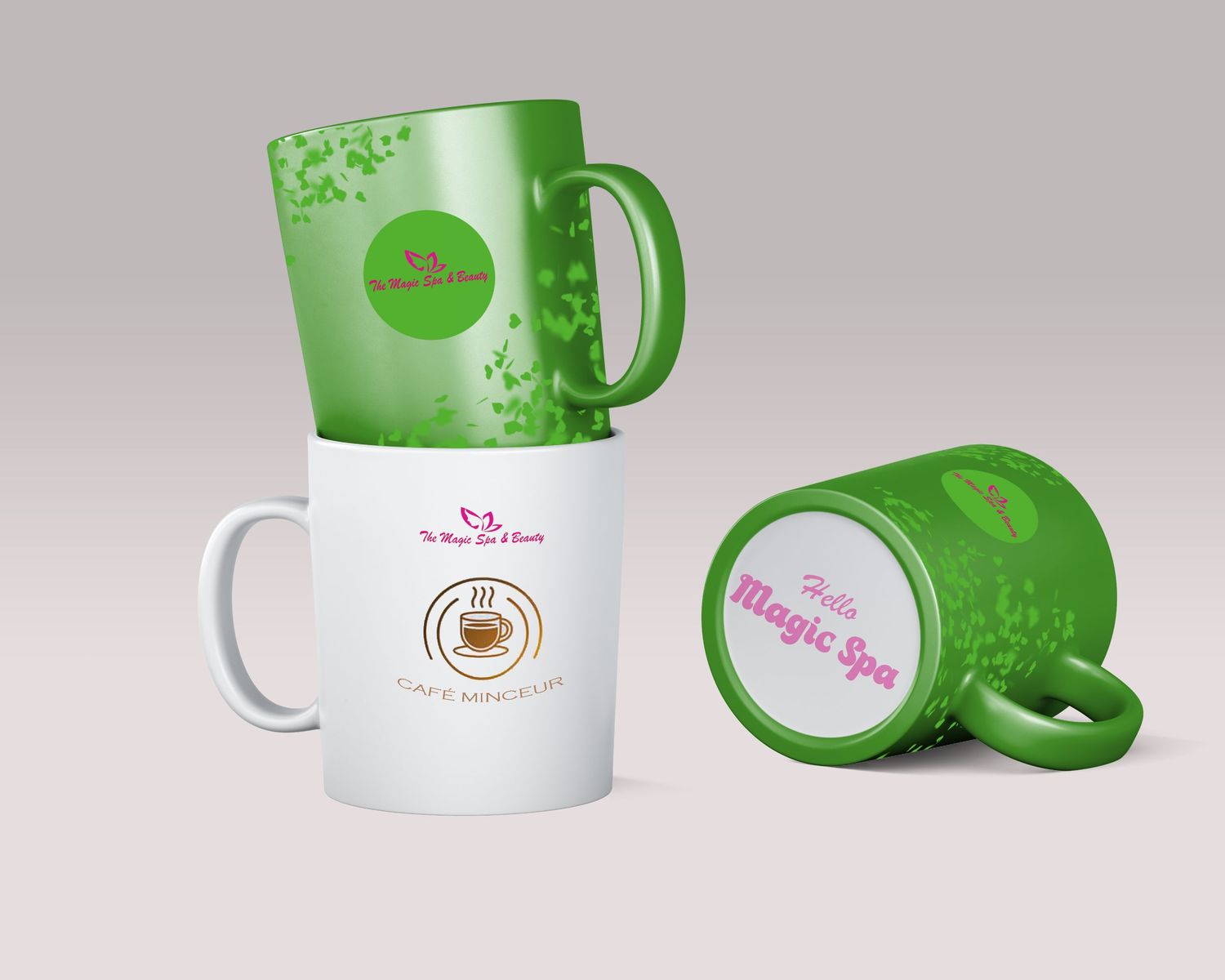Three green and white Magic Spa branded ceramic coffee mugs displayed in a professional product mockup.