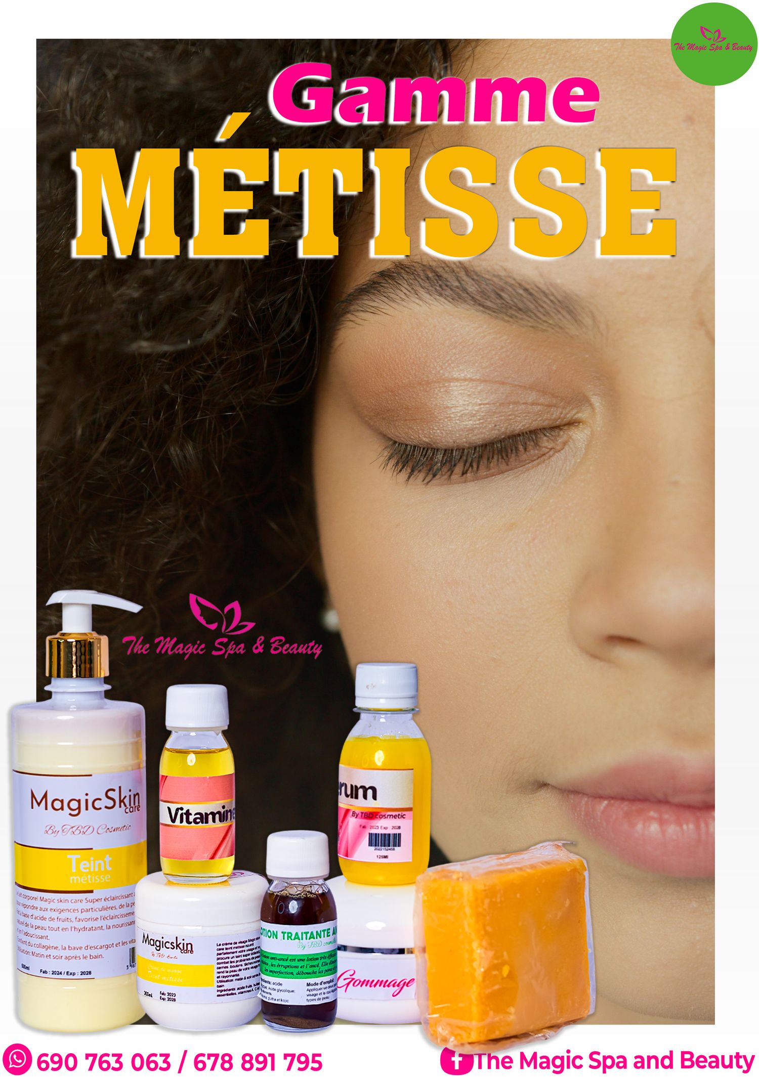 Gamme Metisse beauty product line featuring MagicSkin cream, vitamins, serum, and exfoliating soap.