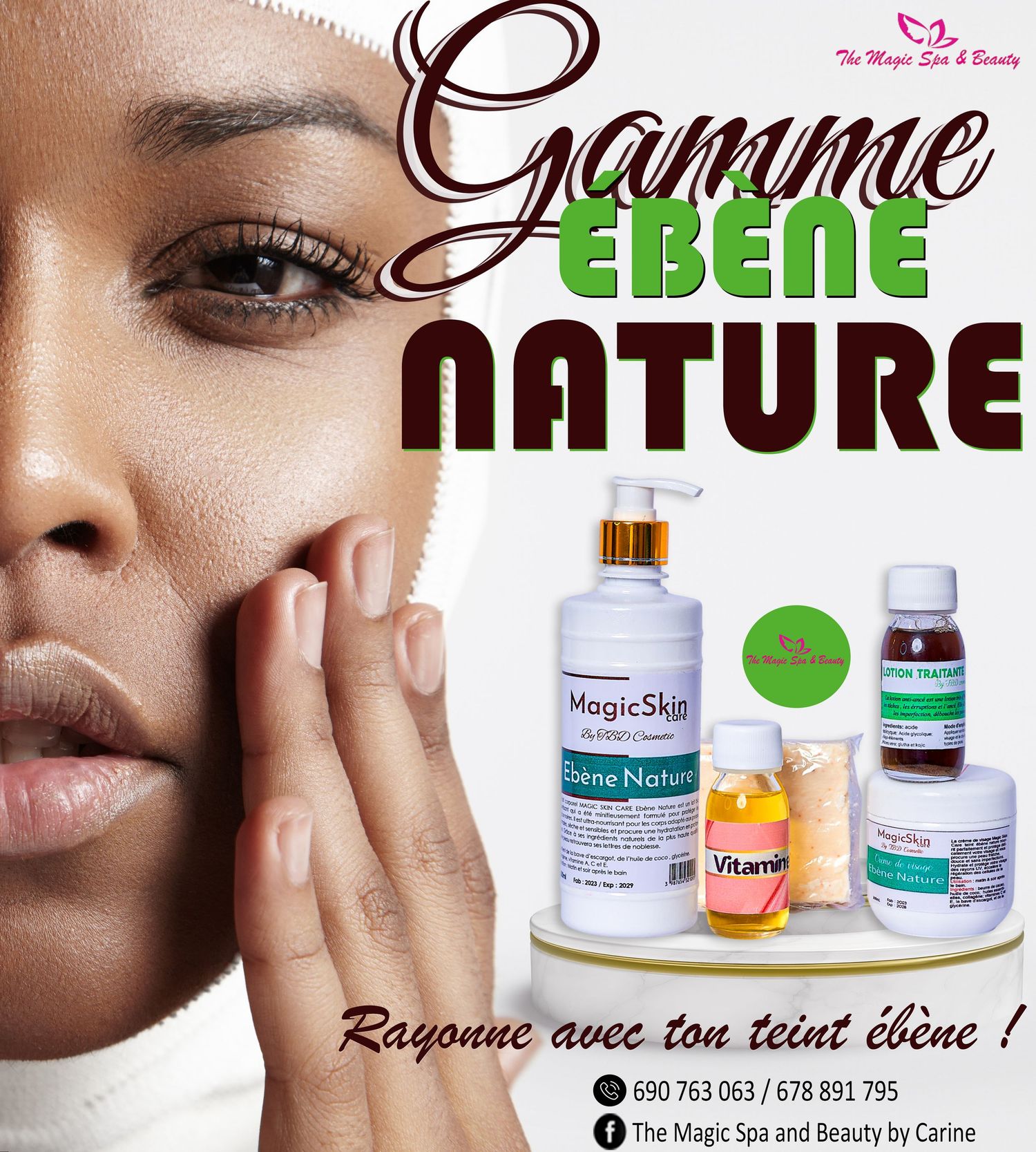 Gamme Ebene Nature skincare line by MagicSkin promoting radiant dark skin tone beauty products.