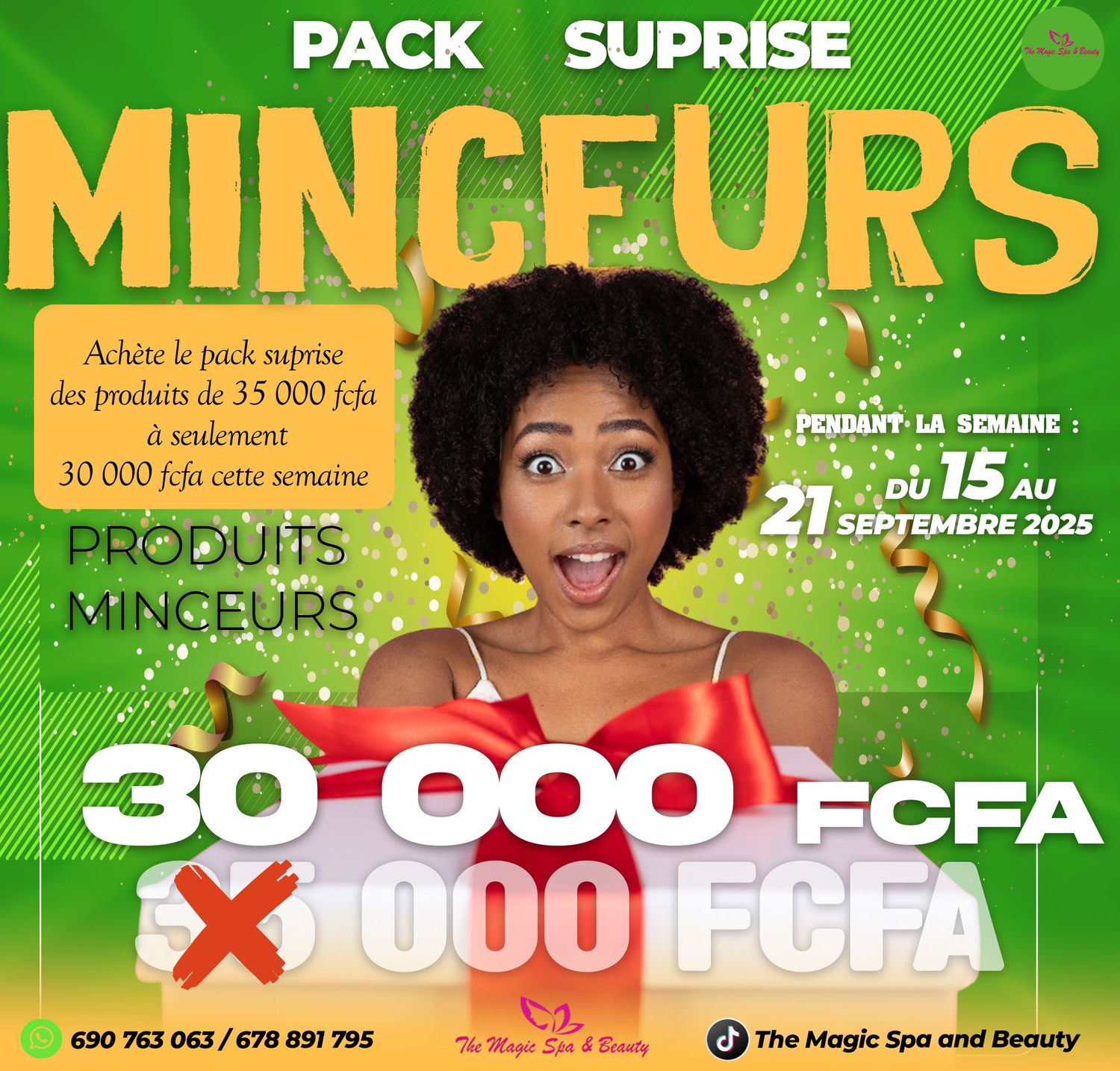 Magic Spa Beauty pack surprise minceurs 30000 FCFA slimming products weekly promotional sale banner.
