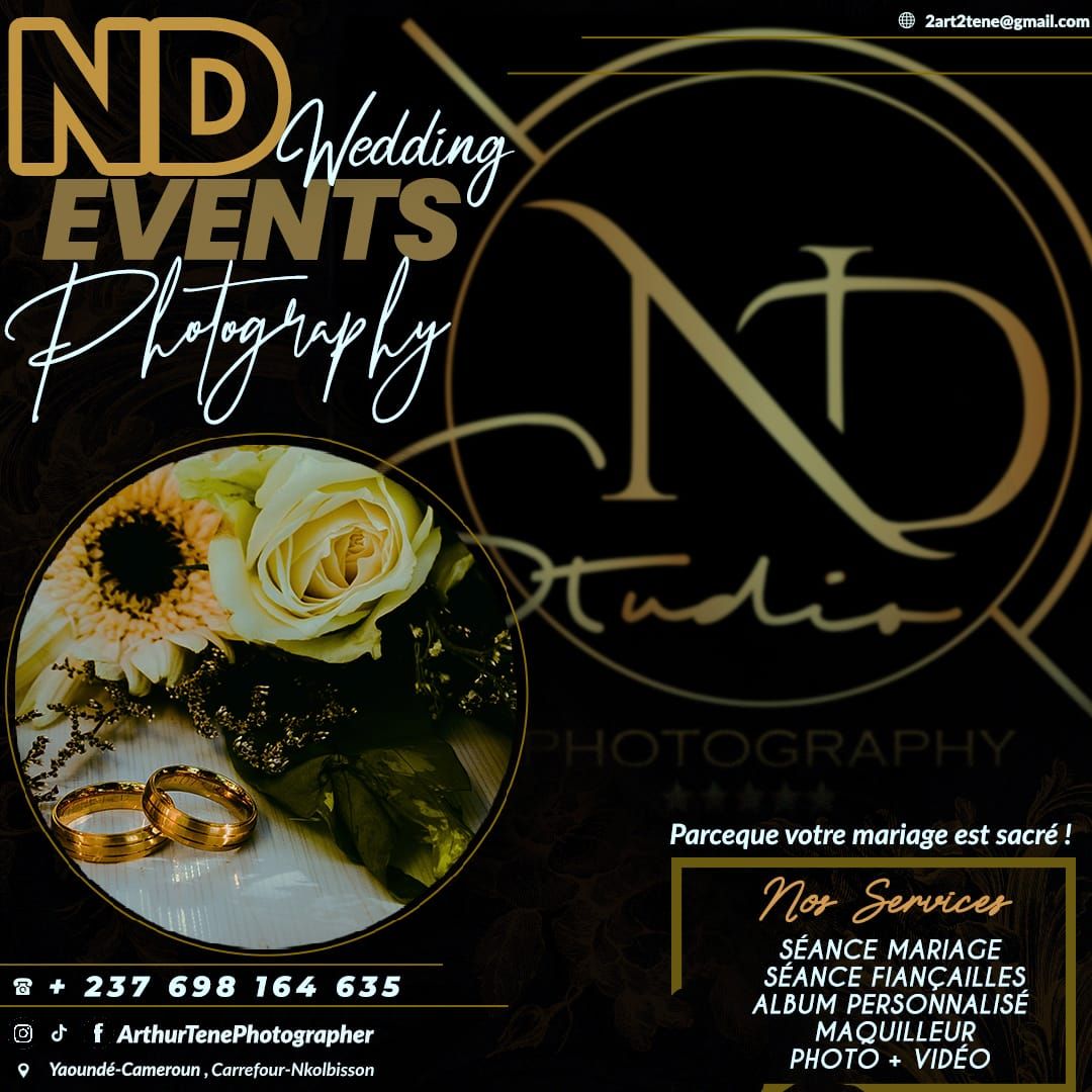 ND Events Wedding Photography studio promotional flyer with services listed in French.