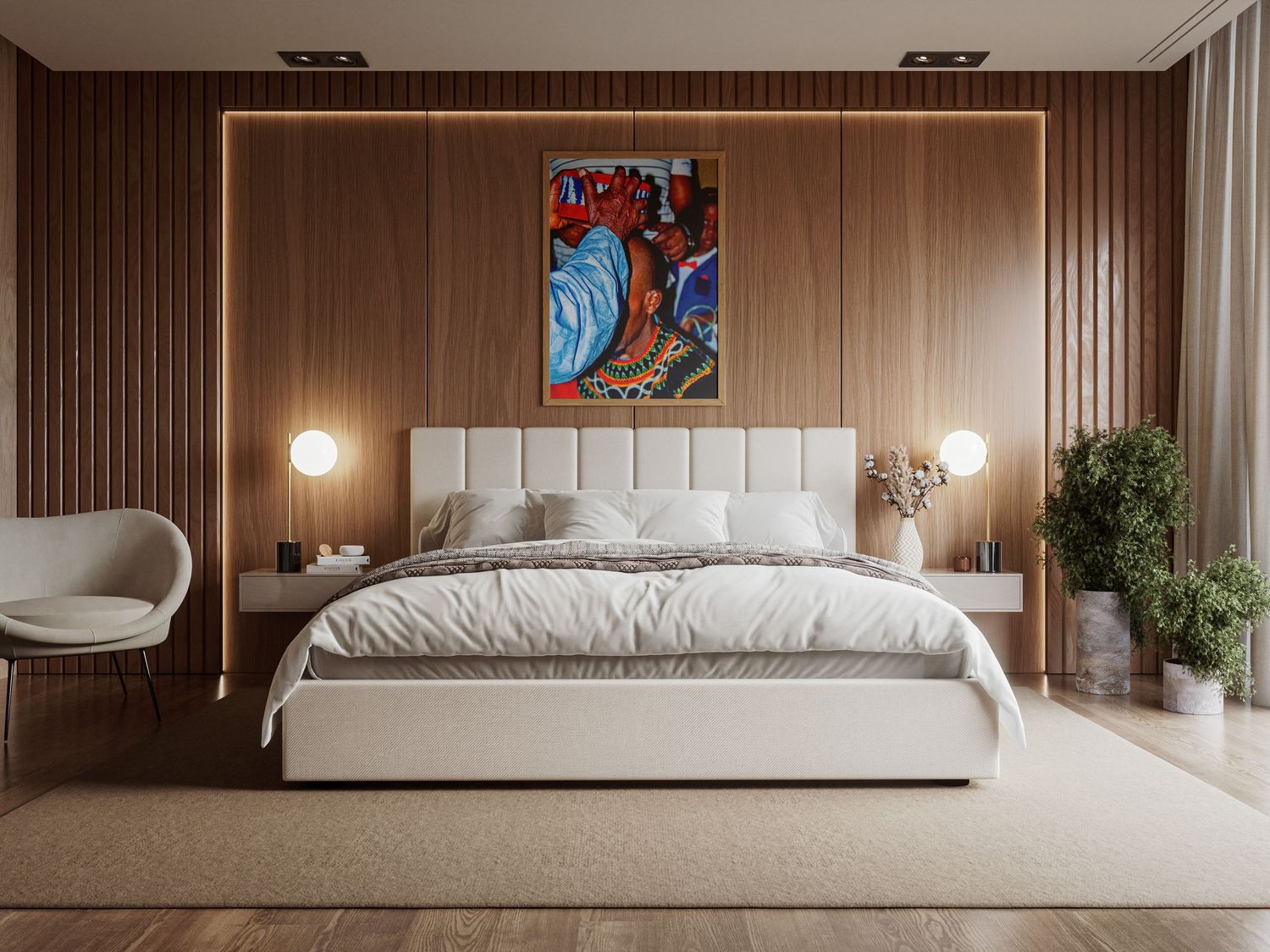 Colorful abstract painting with vibrant red and blue tones displayed above a white upholstered bed in a modern bedroom.