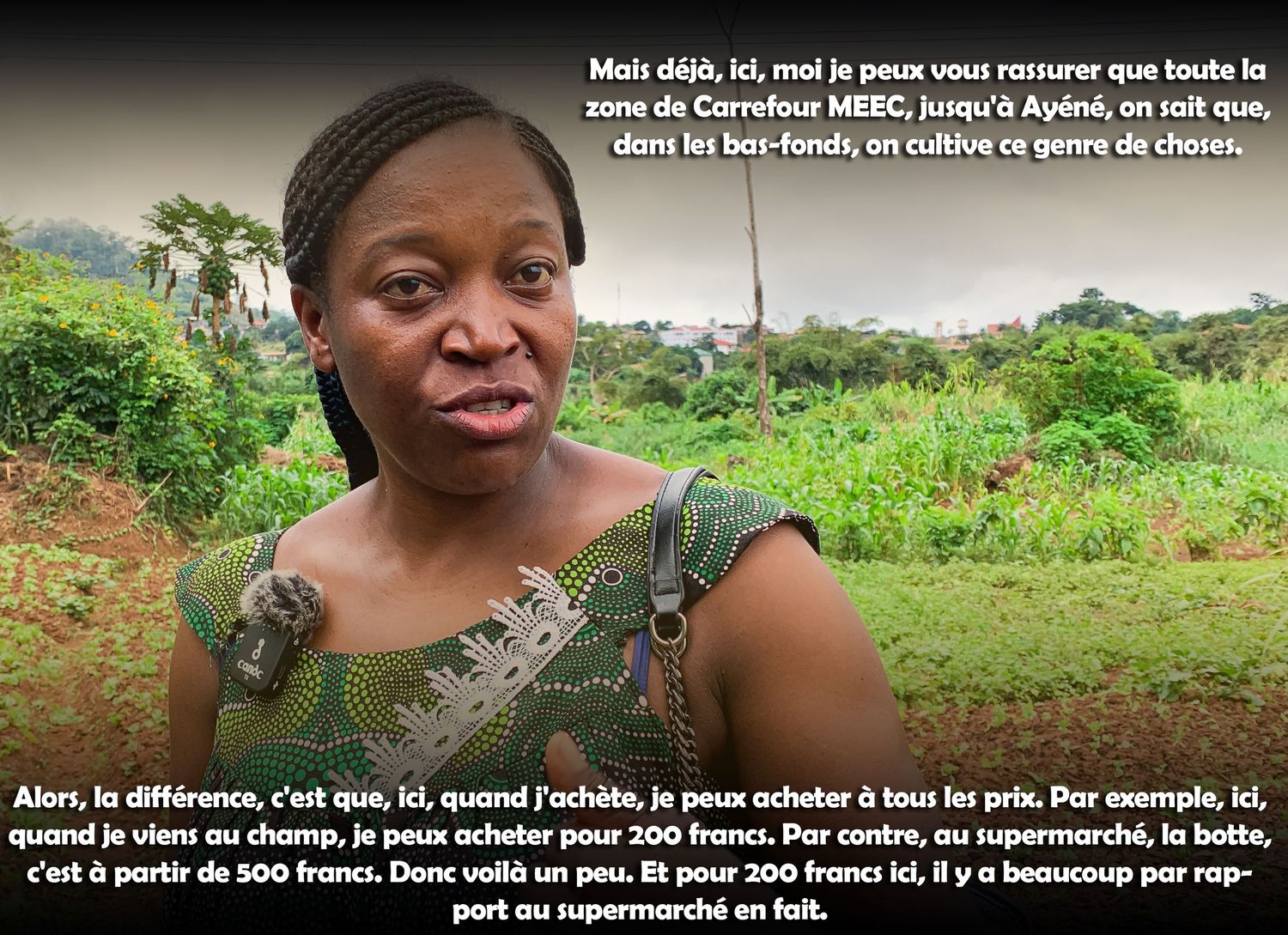 African woman speaking outdoors with French text about urban lettuce farming price comparisons in Yaoundé.