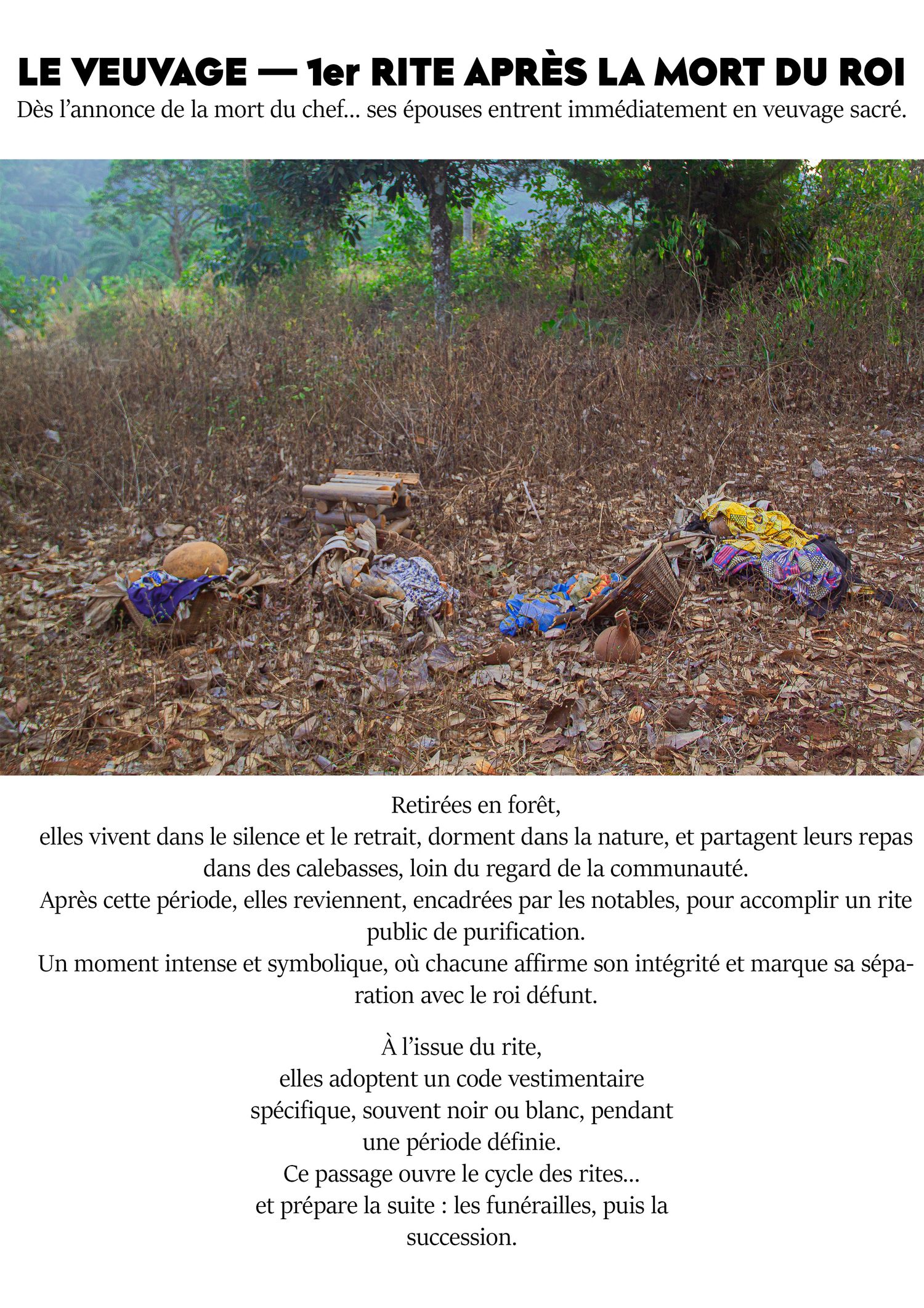 Sacred widowhood ritual in African forest with colorful offerings on ground during royal mourning ceremony.