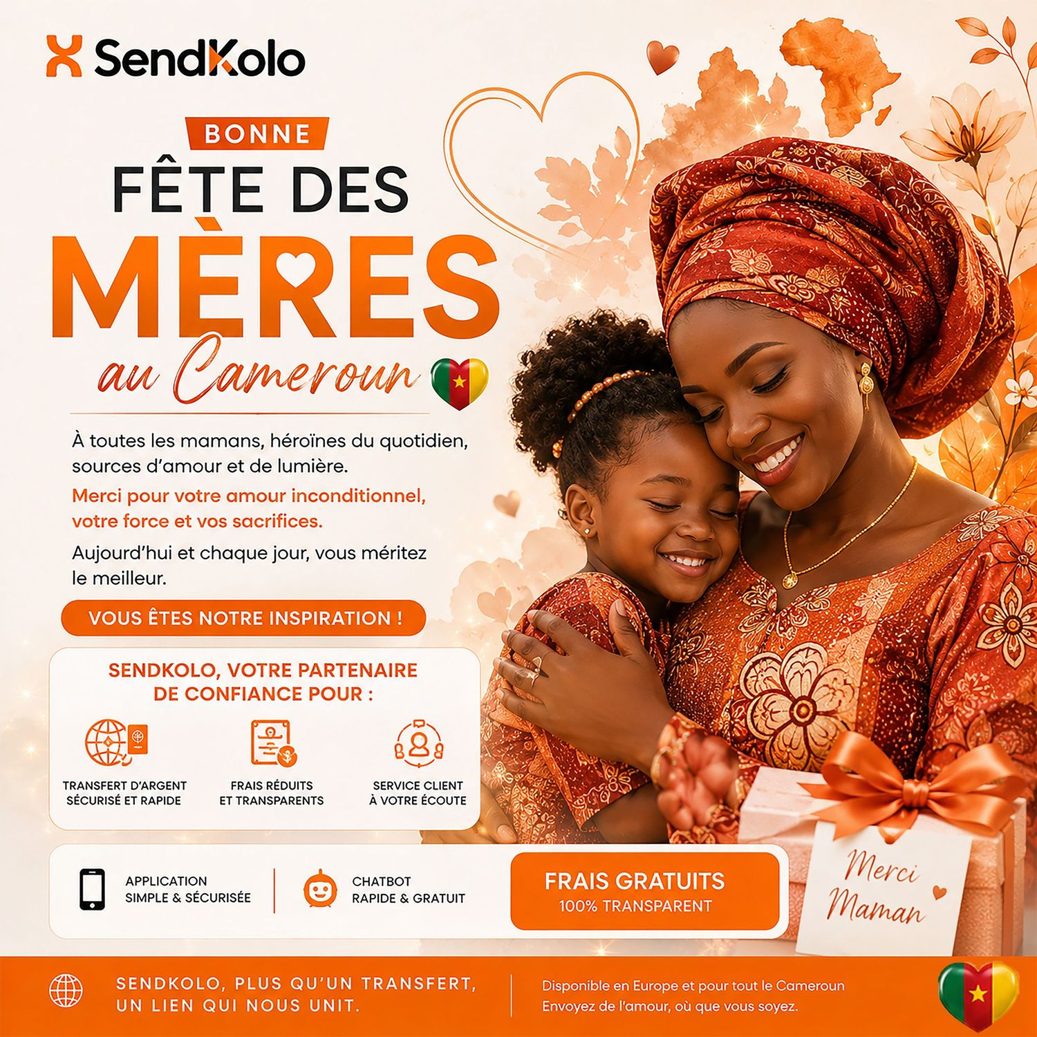 SendKolo Cameroon Mothers Day promotional banner featuring African mother and daughter in traditional orange attire.