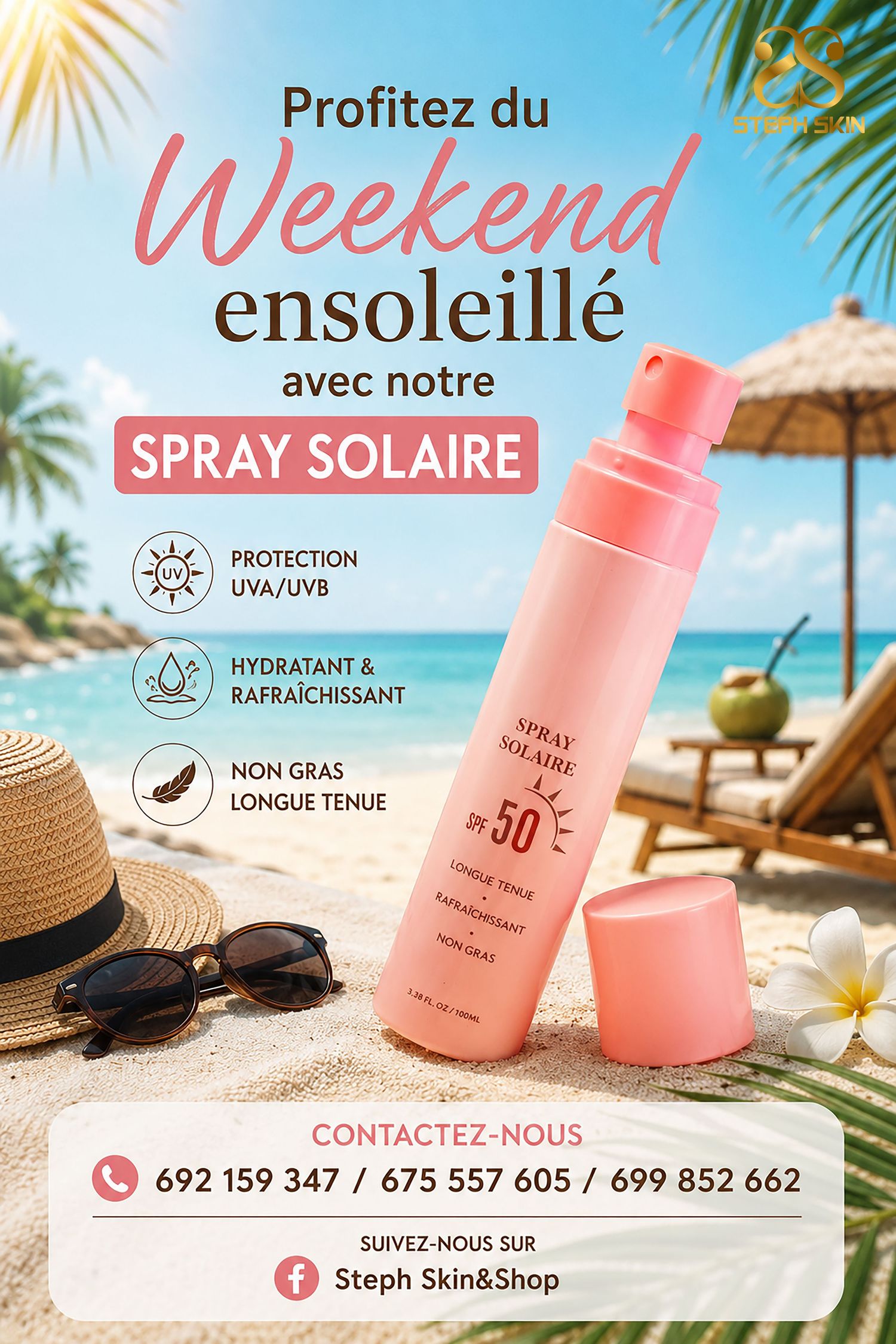 Steph Skin SPF50 spray solaire sunscreen advertisement on tropical beach with hat and sunglasses.
