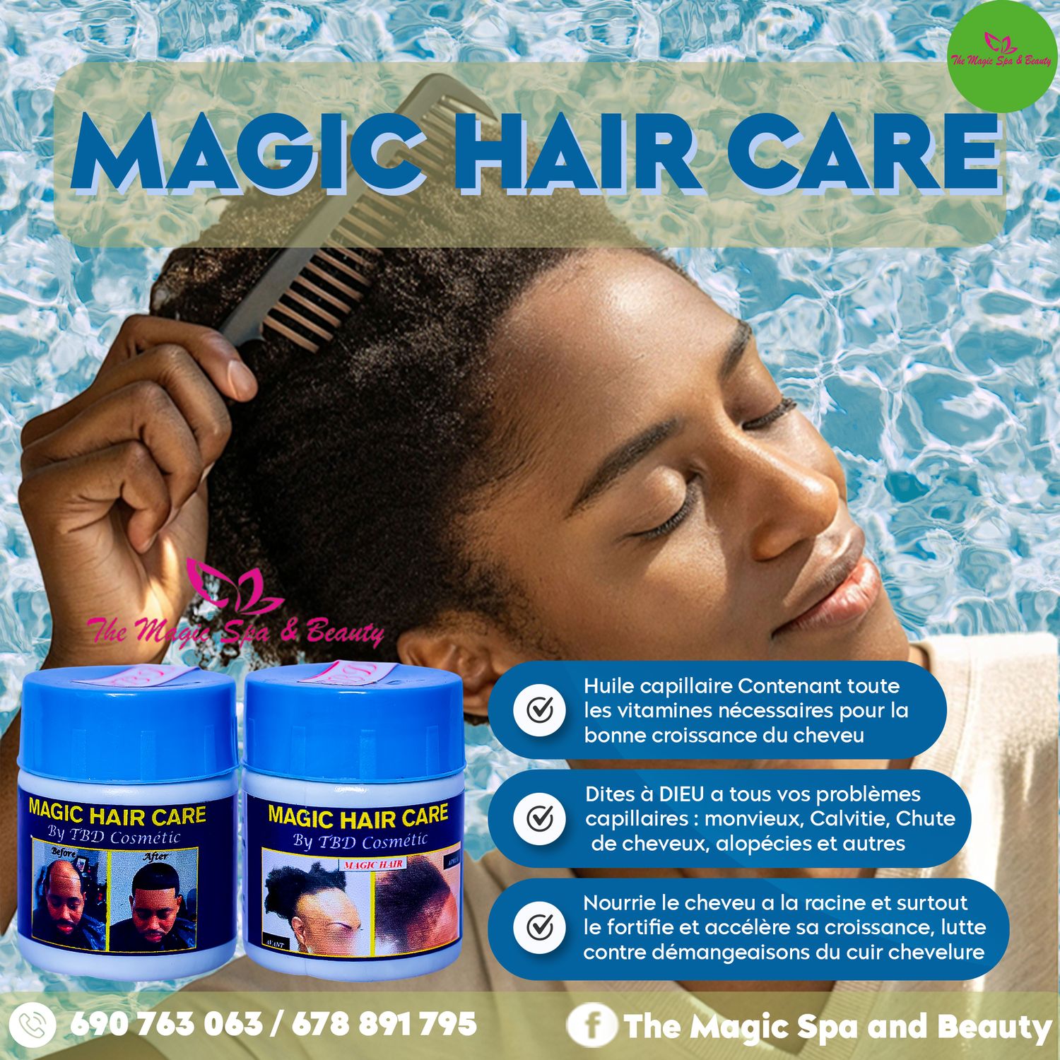 Magic Hair Care oil product advertisement promoting hair growth and scalp health benefits.