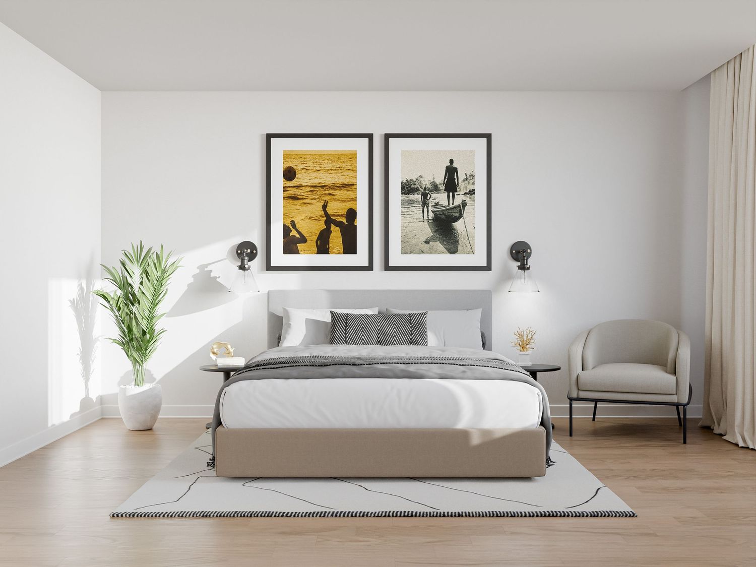 Minimalist bedroom with two framed sepia-toned African-themed photographs above a neutral bed.