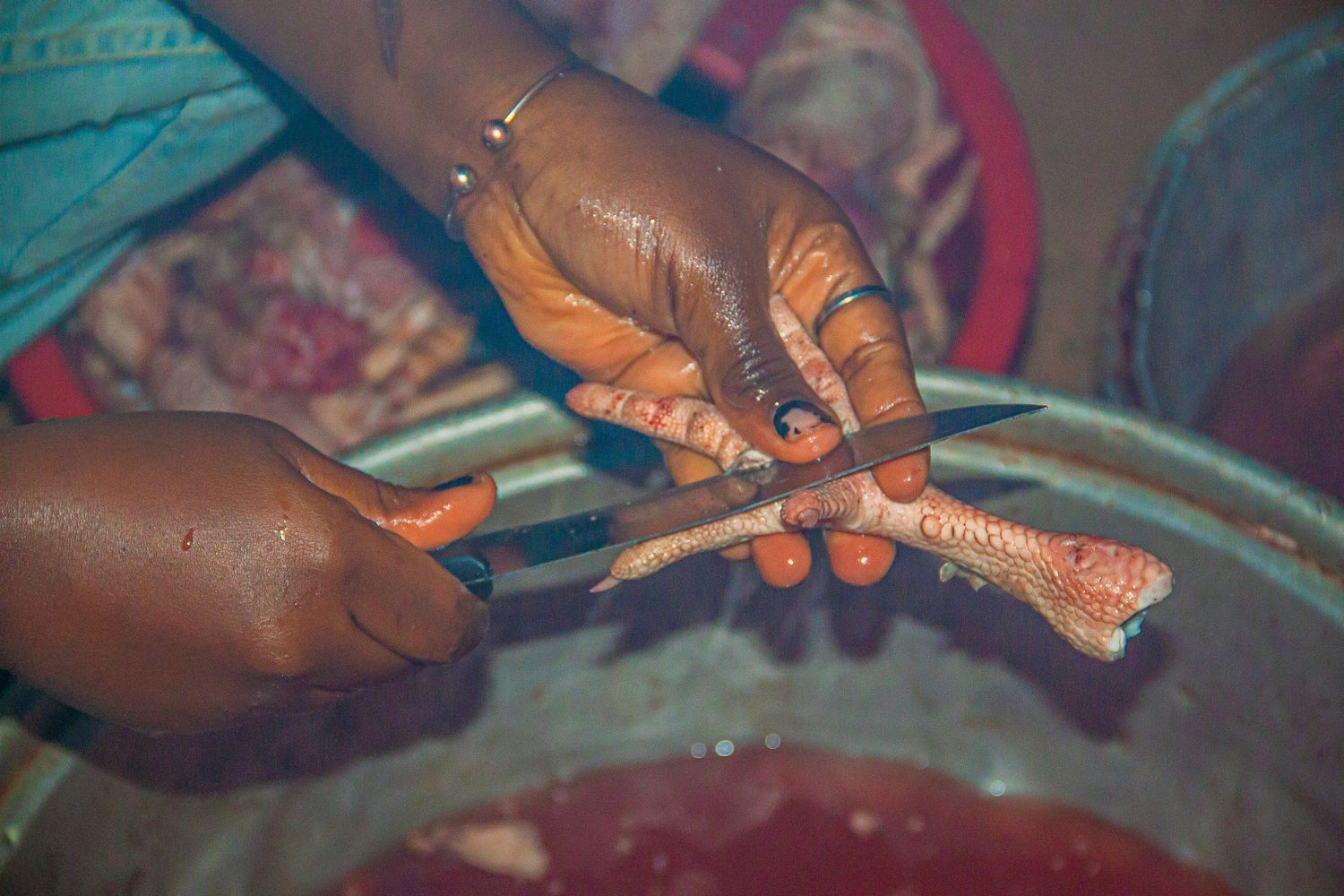 Close-up of African woman's hands preparing raw fish in a metal bowl during cooking.