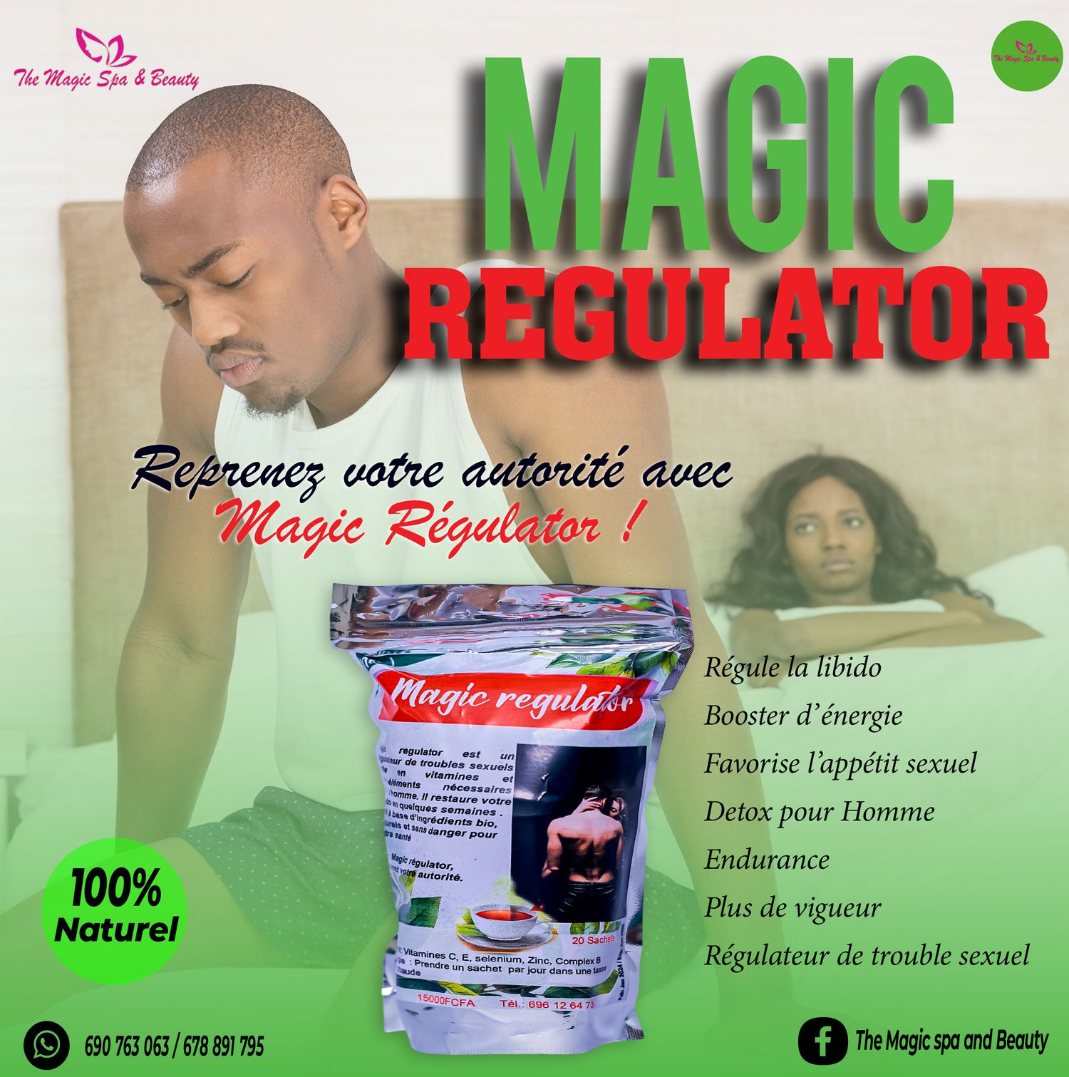Magic Regulator 100% natural male libido booster and energy supplement advertised in French language promotional poster.