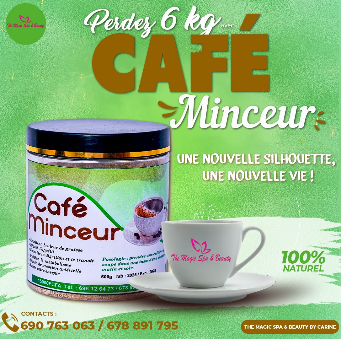 Advertisement for Cafe Minceur slimming coffee promising 6kg weight loss, by The Magic Spa and Beauty.