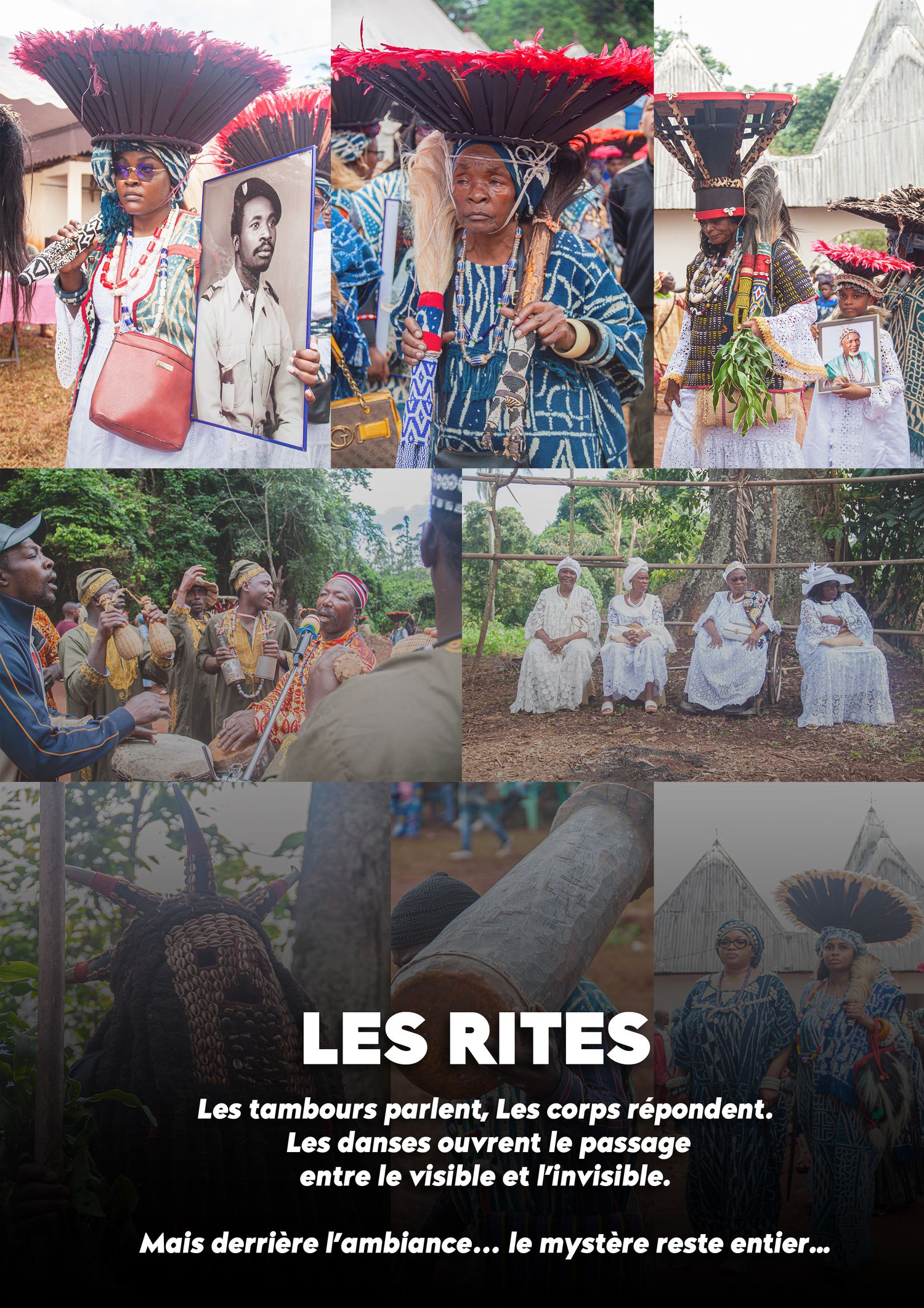 Traditional African ritual ceremony with colorful costumes, drums, and dancers bridging the visible and invisible worlds.
