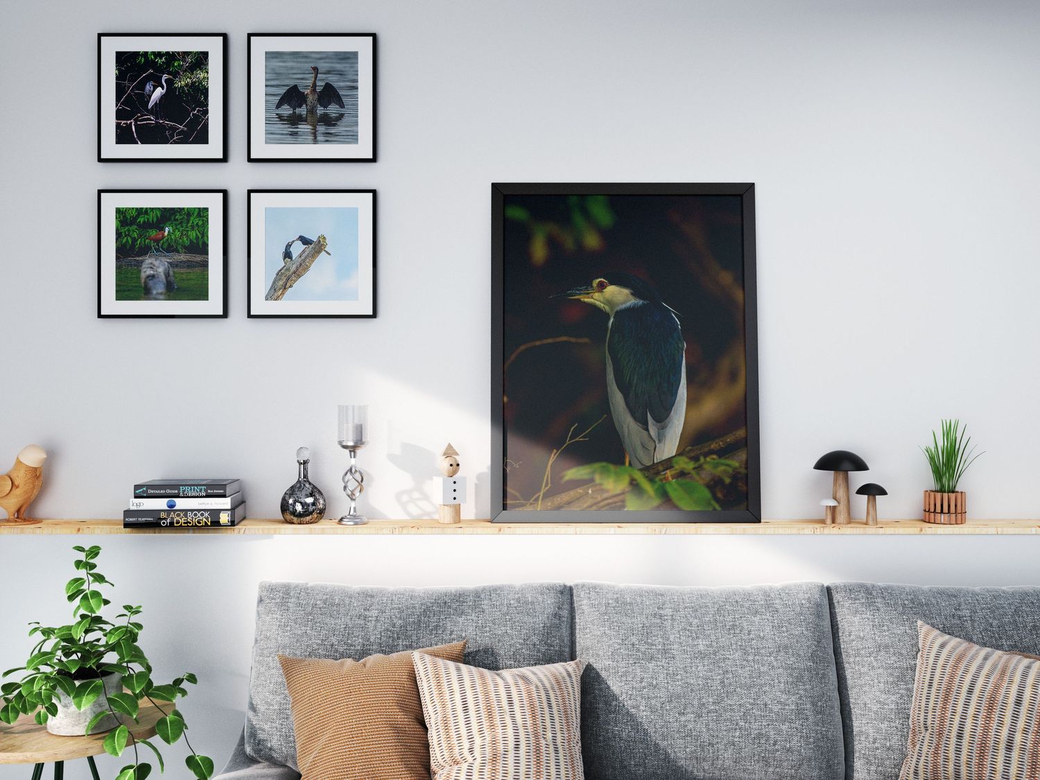 Framed bird photography wall art displayed above a gray sofa with smaller framed prints in a modern living room.