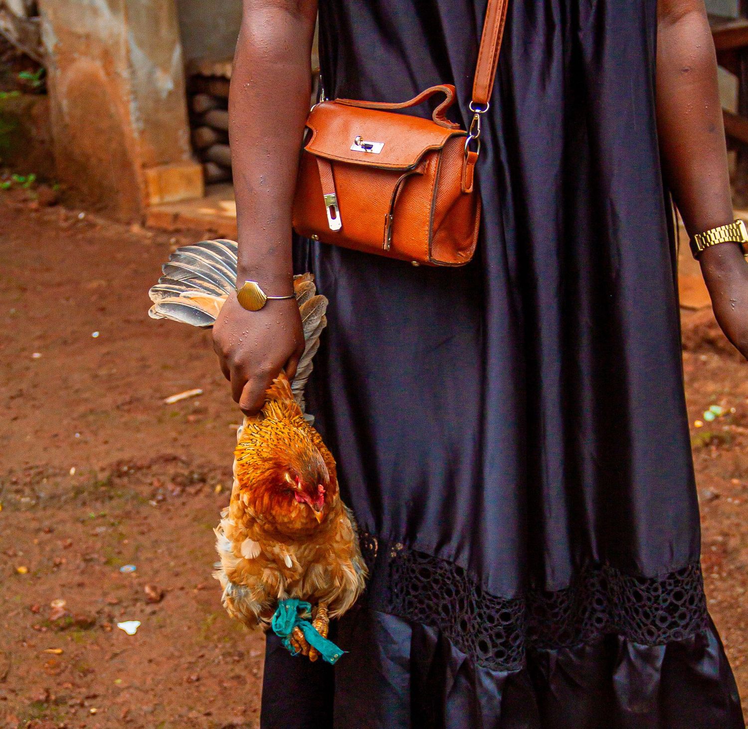 A woman in a black dress holds a chicken while carrying a brown leather crossbody bag with gold jewelry accents.