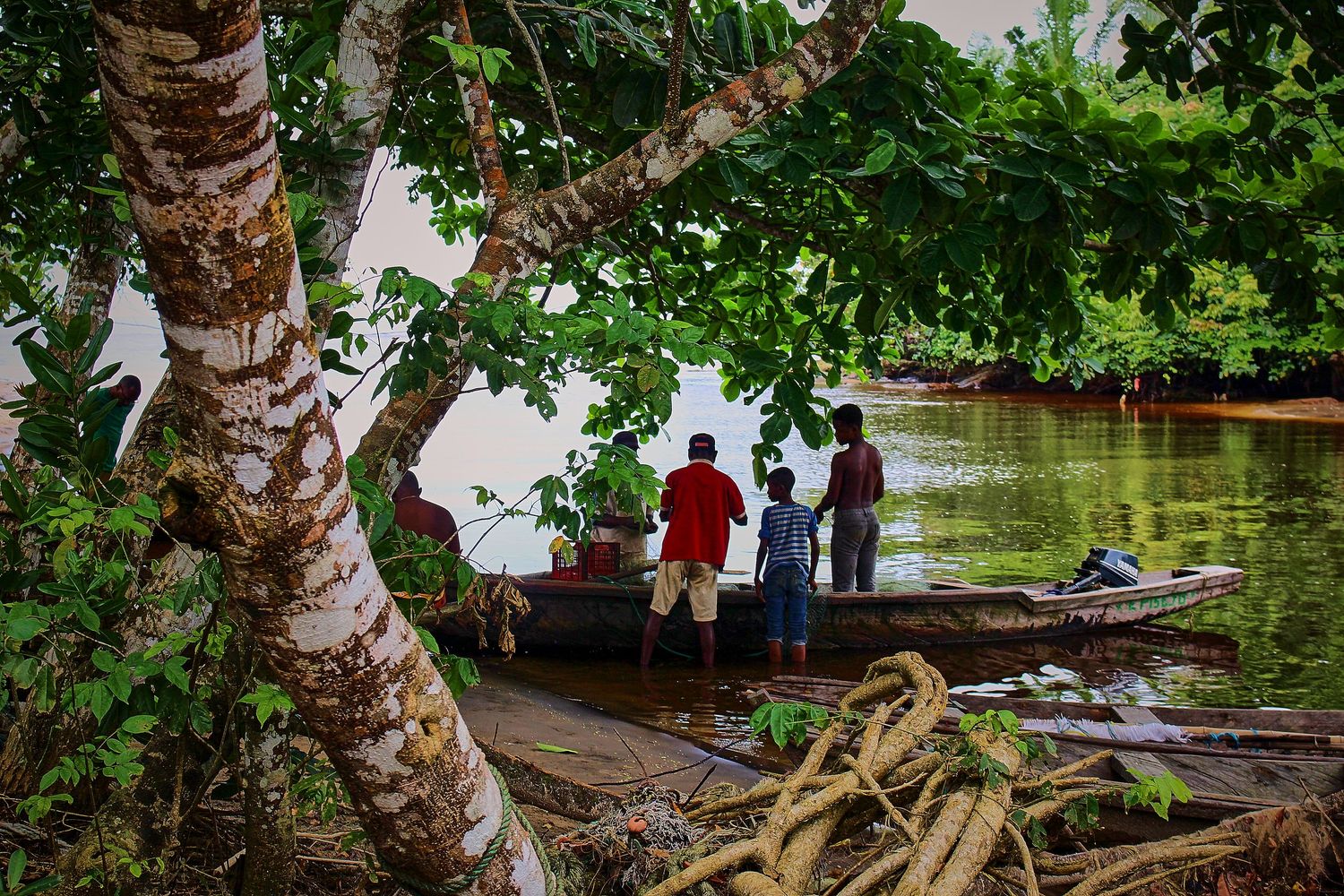 Group of children standing by a wooden boat on a lush tropical river bank.