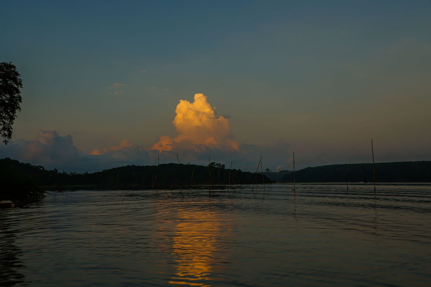Golden sunset over a tranquil river with dramatic illuminated clouds glowing above dark tree silhouettes.