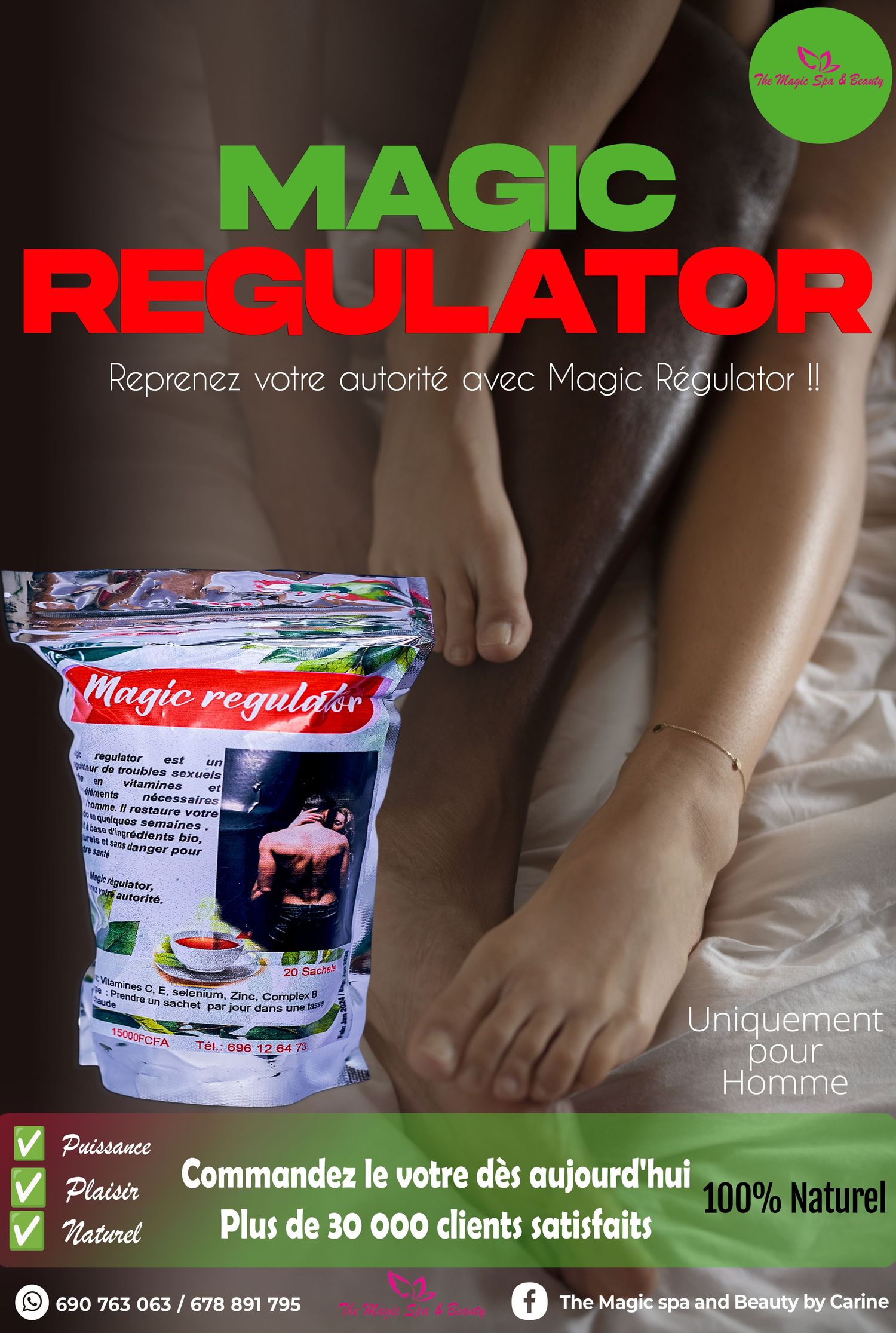 Magic Regulator natural men's supplement package displayed with French promotional text claiming 30000 satisfied customers.
