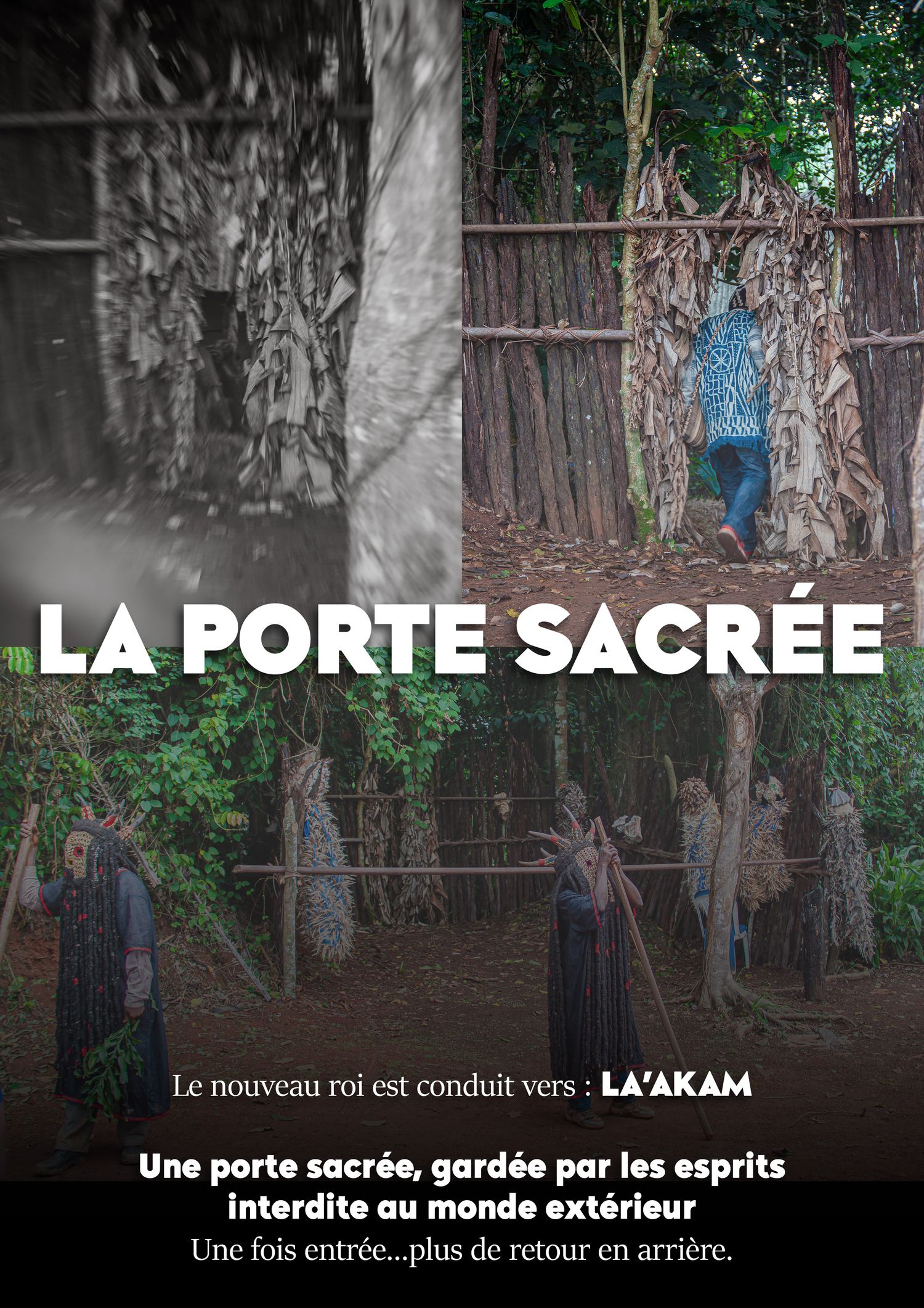 French film poster for La Porte Sacrée showing robed figures near a sacred wooden gate guarded by spirits in a forest.