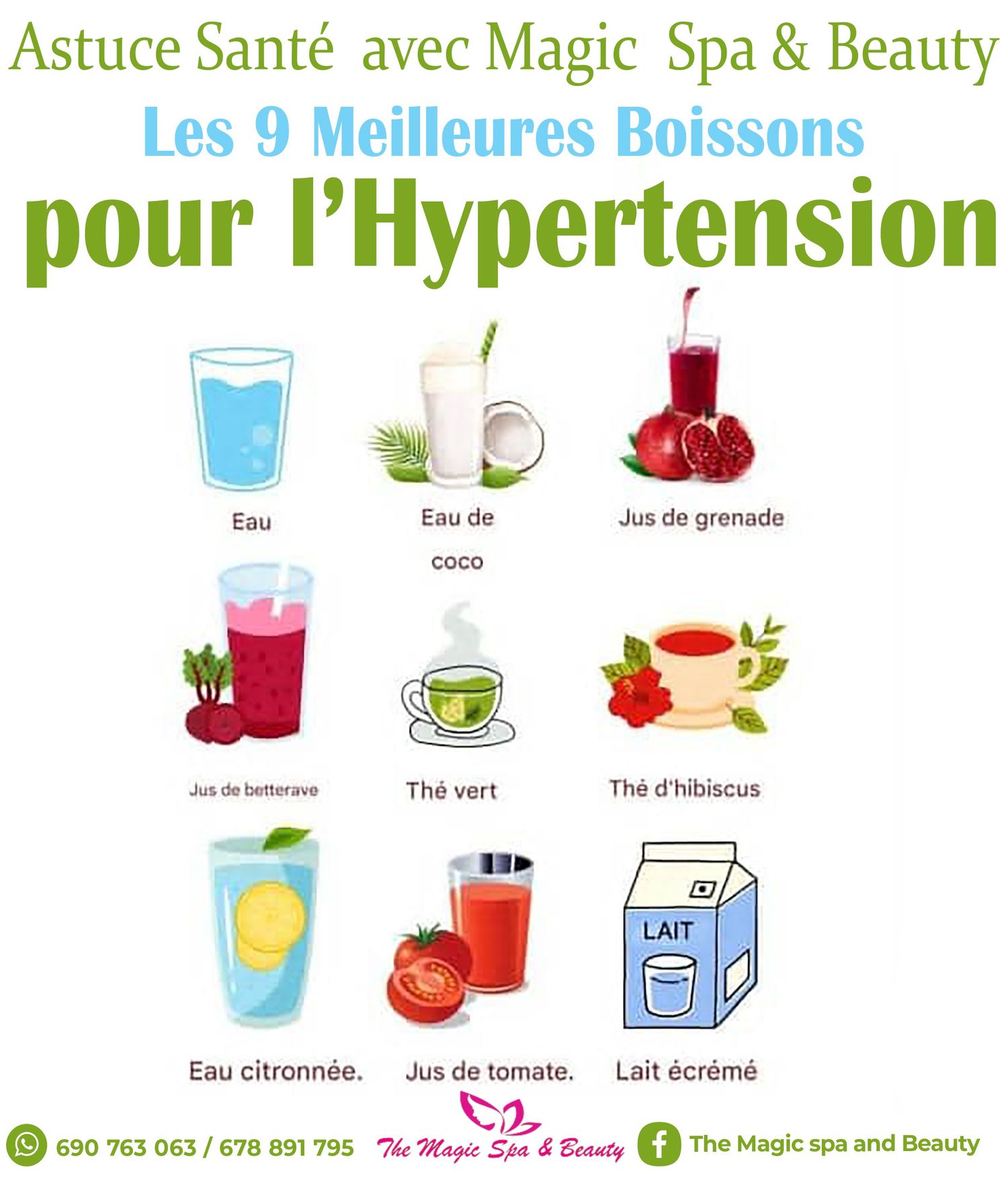 French infographic by Magic Spa and Beauty listing 9 best drinks for managing hypertension naturally.