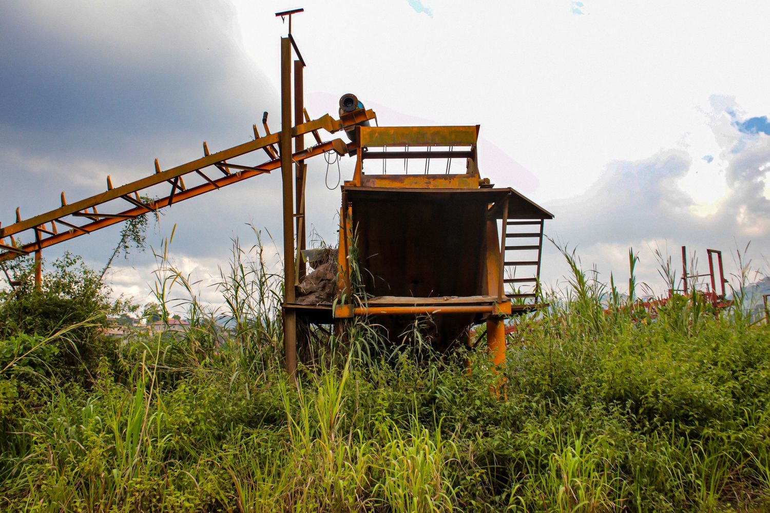 An abandoned rusty agricultural machine sits overgrown with tall green grass under a cloudy sky.