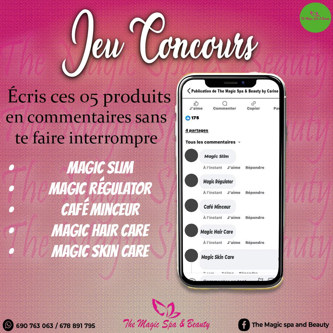 Magic Spa and Beauty contest promotion featuring five products including Magic Slim and Magic Hair Care.