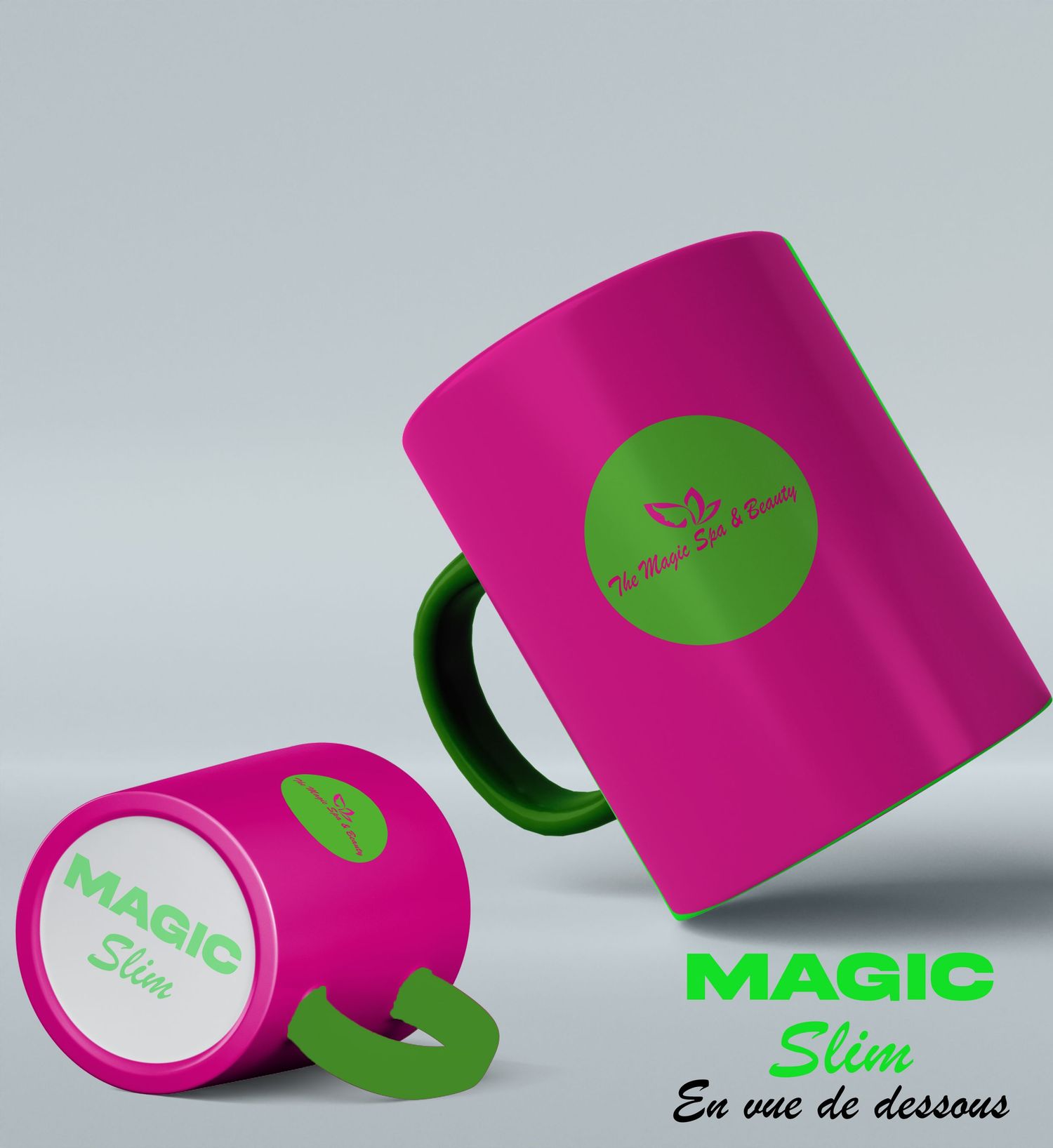 Pink and green Magic Slim branded coffee mug with logo shown from multiple angles on white background.