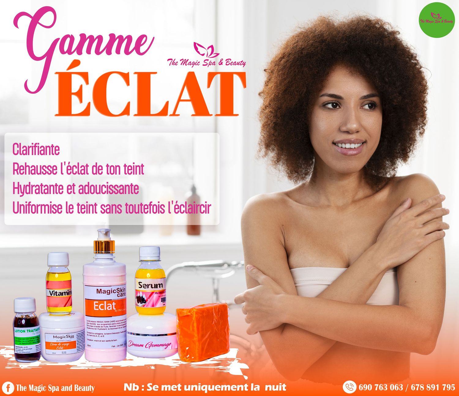 Gamme Eclat skincare product line advertisement featuring brightening and moisturizing beauty products.