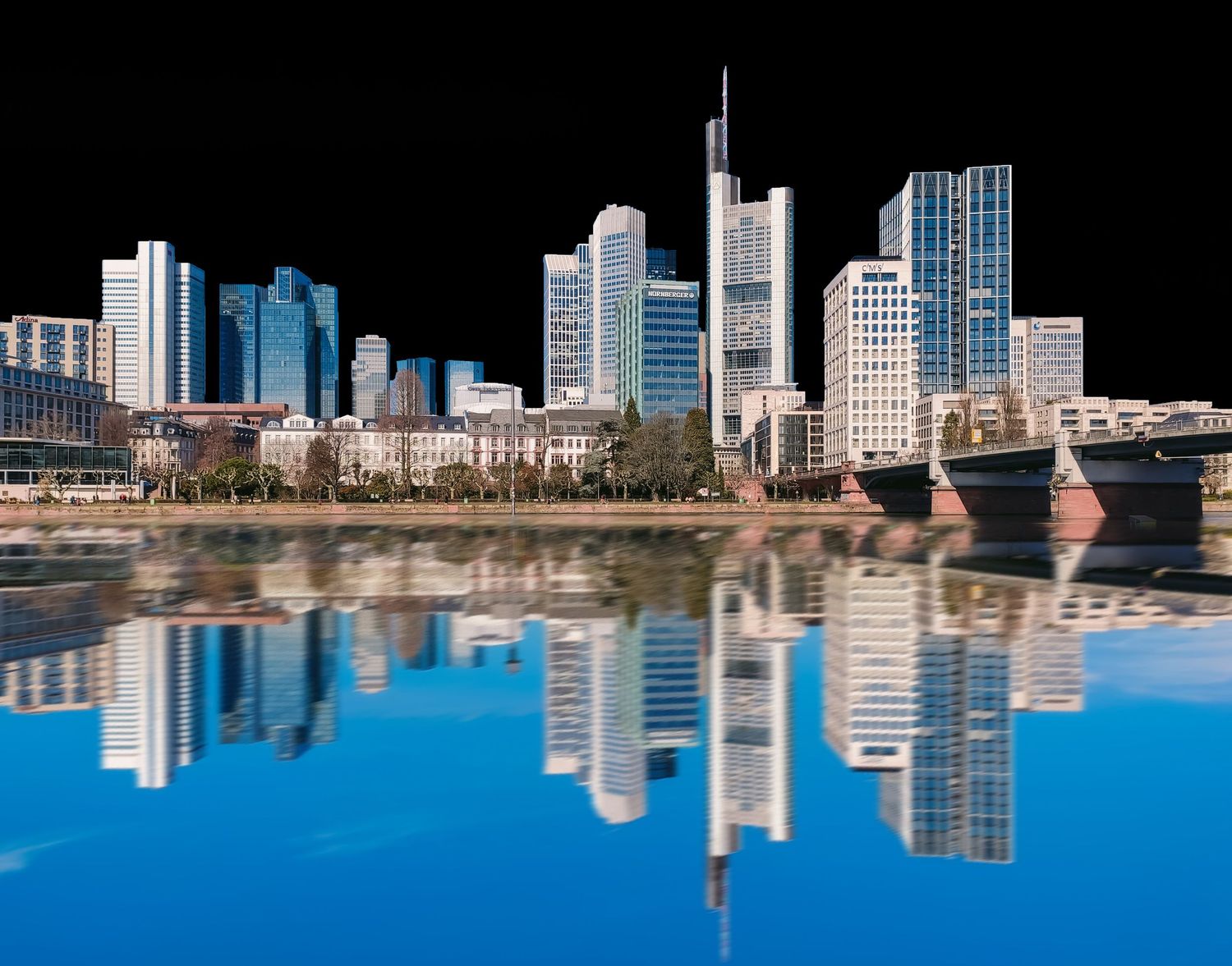 Frankfurt Germany city skyscraper skyline perfectly reflecting on still water night architectural photography print wall decor.