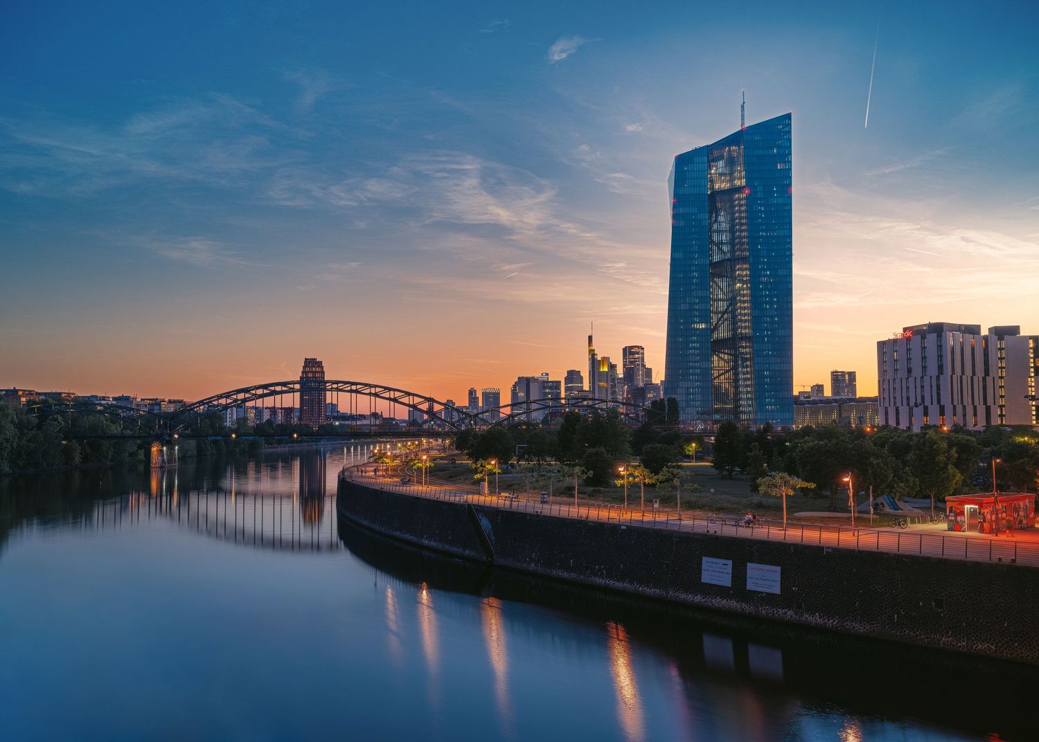 ECB skyscraper tower and bridge over Main River Frankfurt Germany sunset city skyline travel stock photography fine art print.