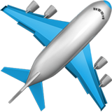 A blue and silver commercial airplane emoji soaring diagonally, viewed from below against a white background.