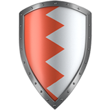 Medieval knight shield with red and white zigzag pattern design on silver metallic background.
