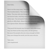 A handwritten letter from John Appleseed on aged paper with motivational text about crazy people who change the world.
