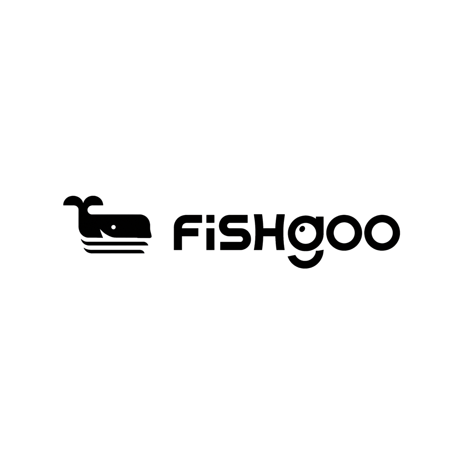 Fishgoo brand logo featuring a minimalist black whale illustration alongside bold typography on white background.