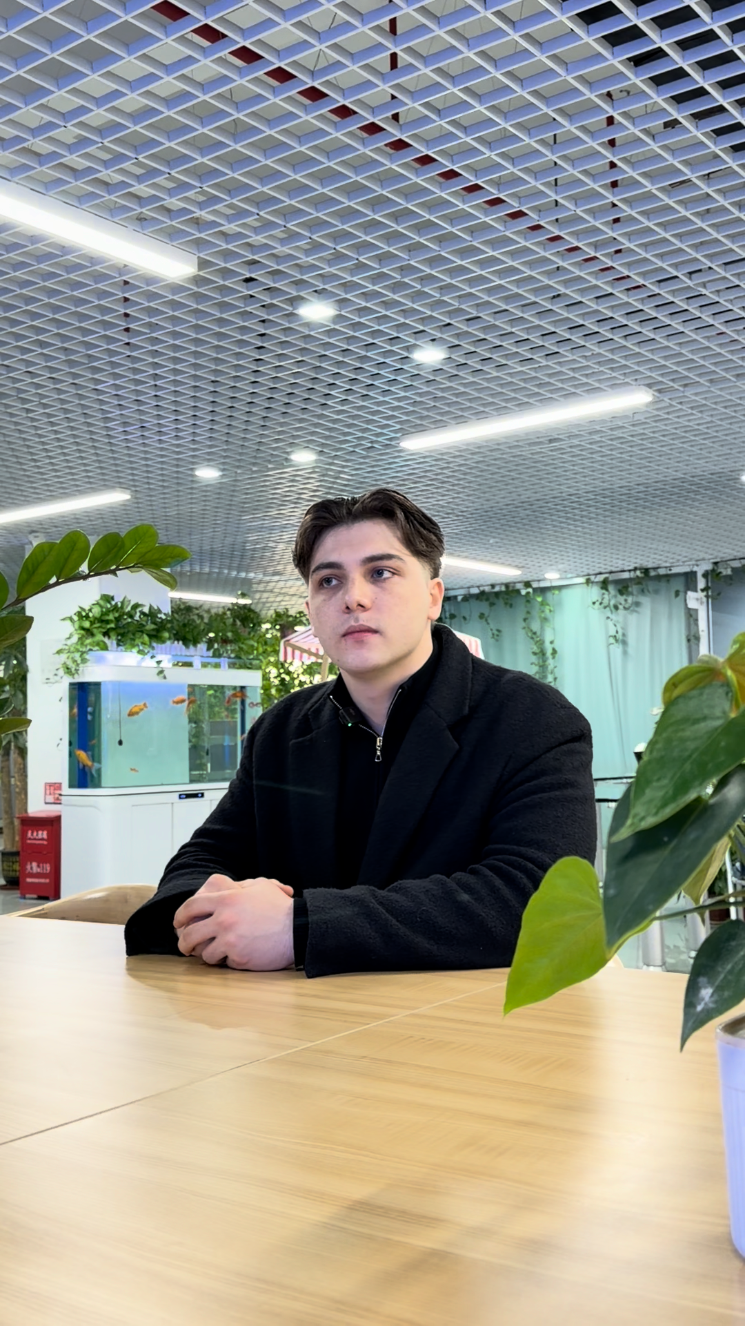 Young man in black jacket sitting at a wooden table in a modern office with green plants.
