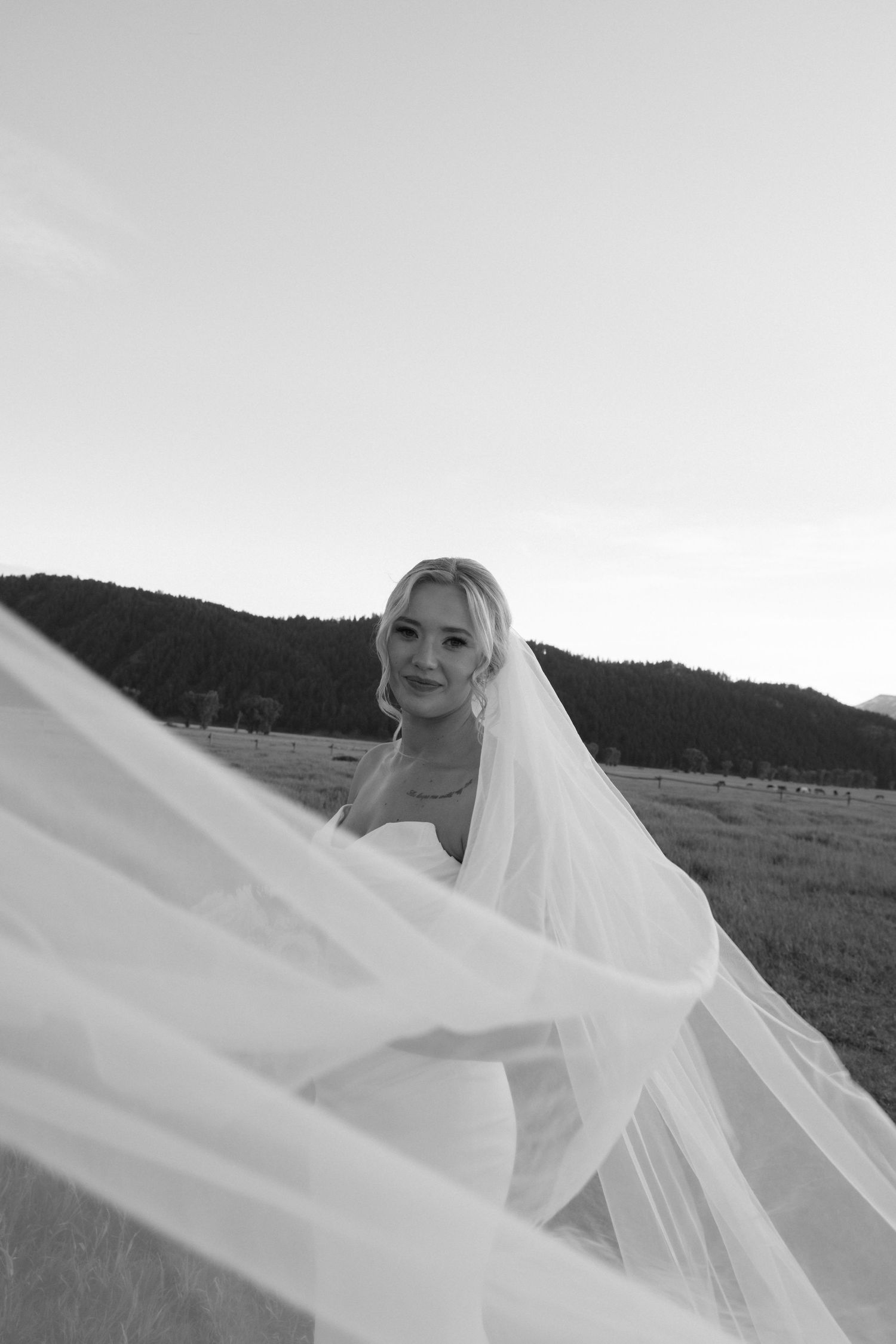 Dramatic black and white photo of bride with flowing veil billowing in wind in open meadow landscape.