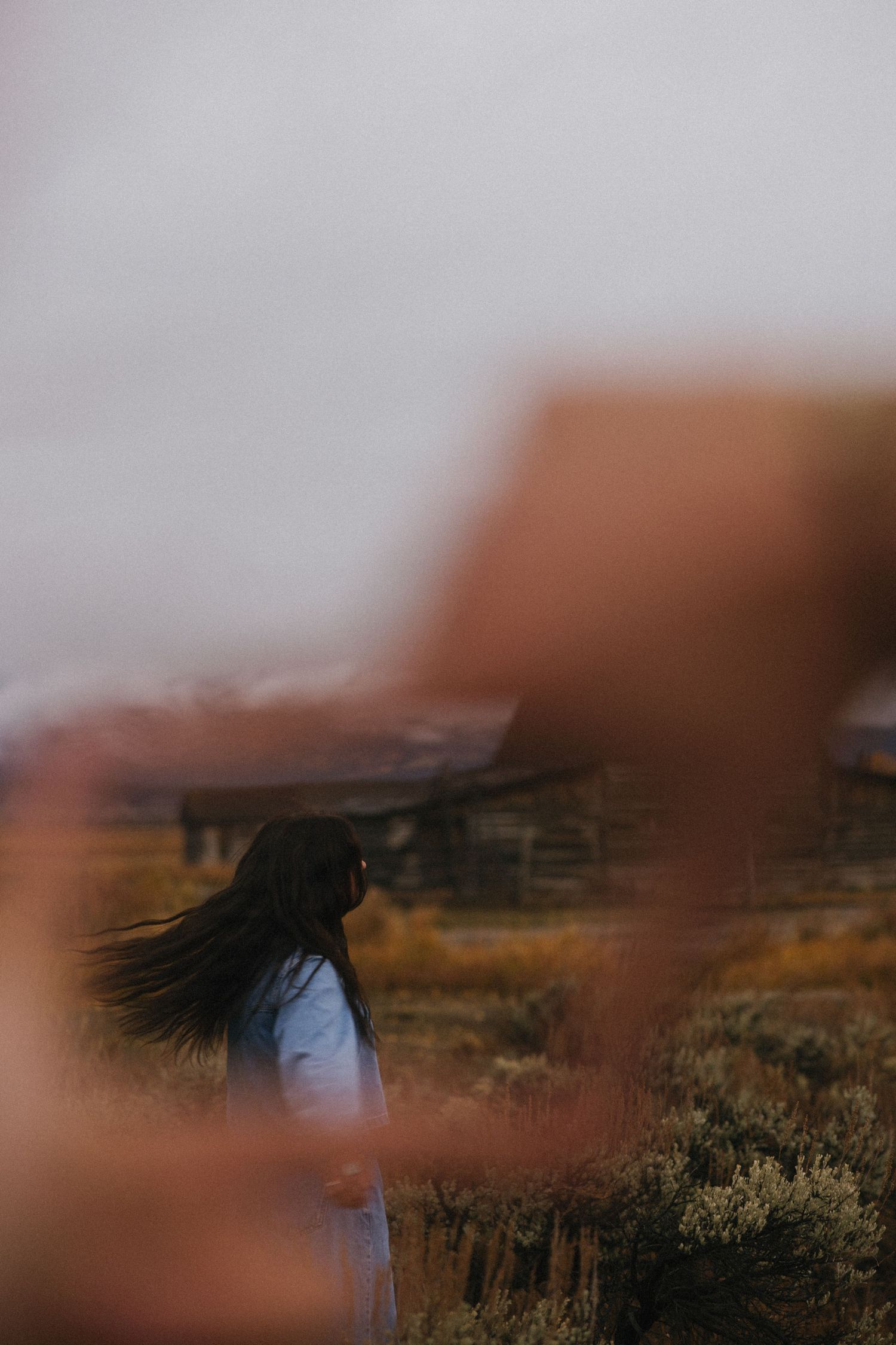 Woman with flowing dark hair standing in a golden field near a rustic barn on an overcast day.