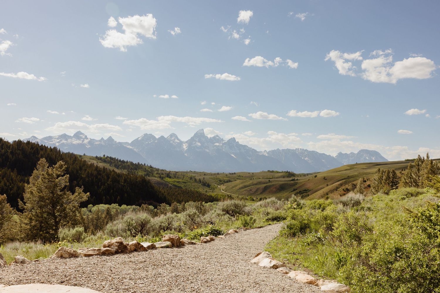Scenic gravel path winding through lush valley with Grand Teton mountain range in distance.