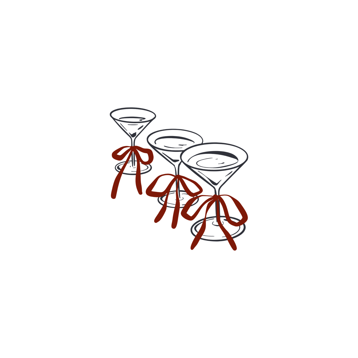 Illustration of three martini glasses with red ribbon bows on white background.