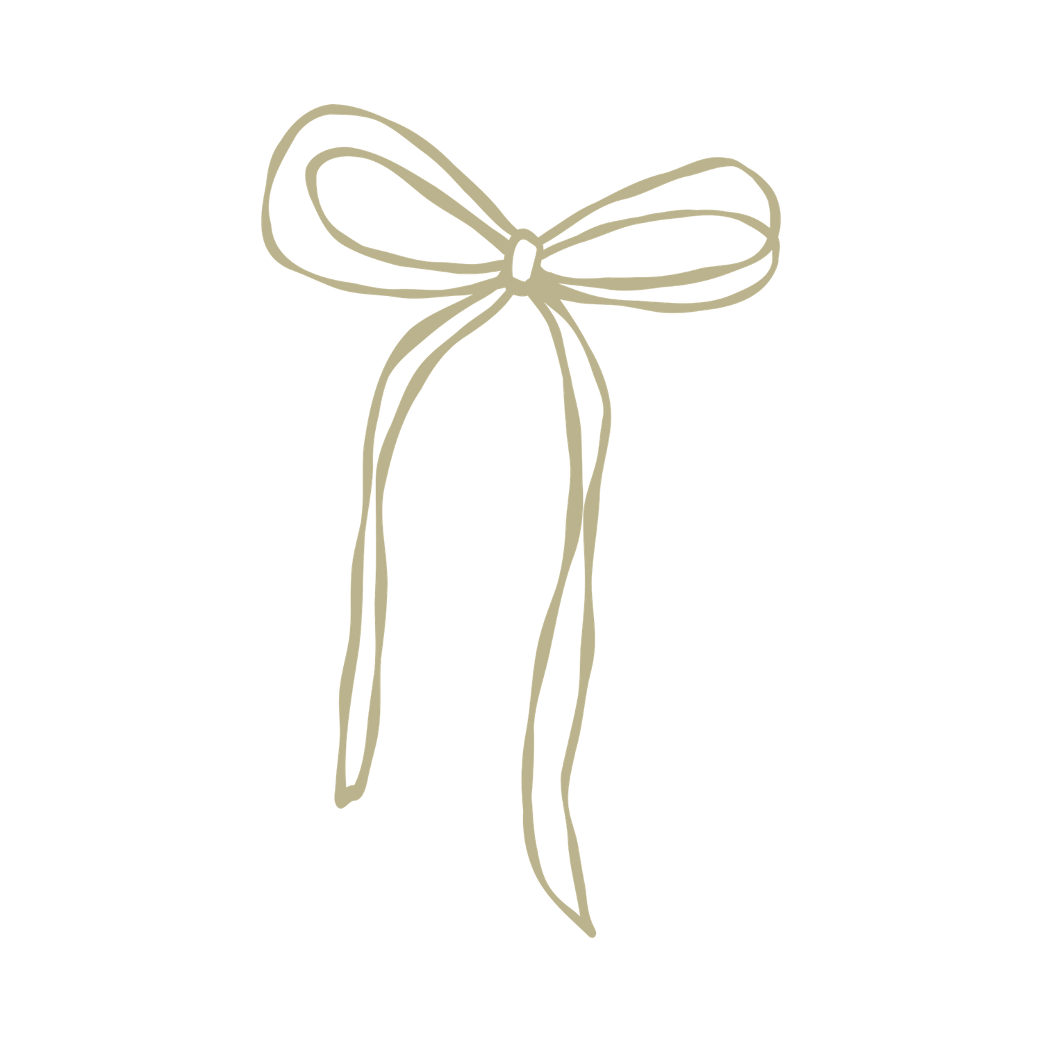 Delicate hand-drawn gold ribbon bow illustration on white background.