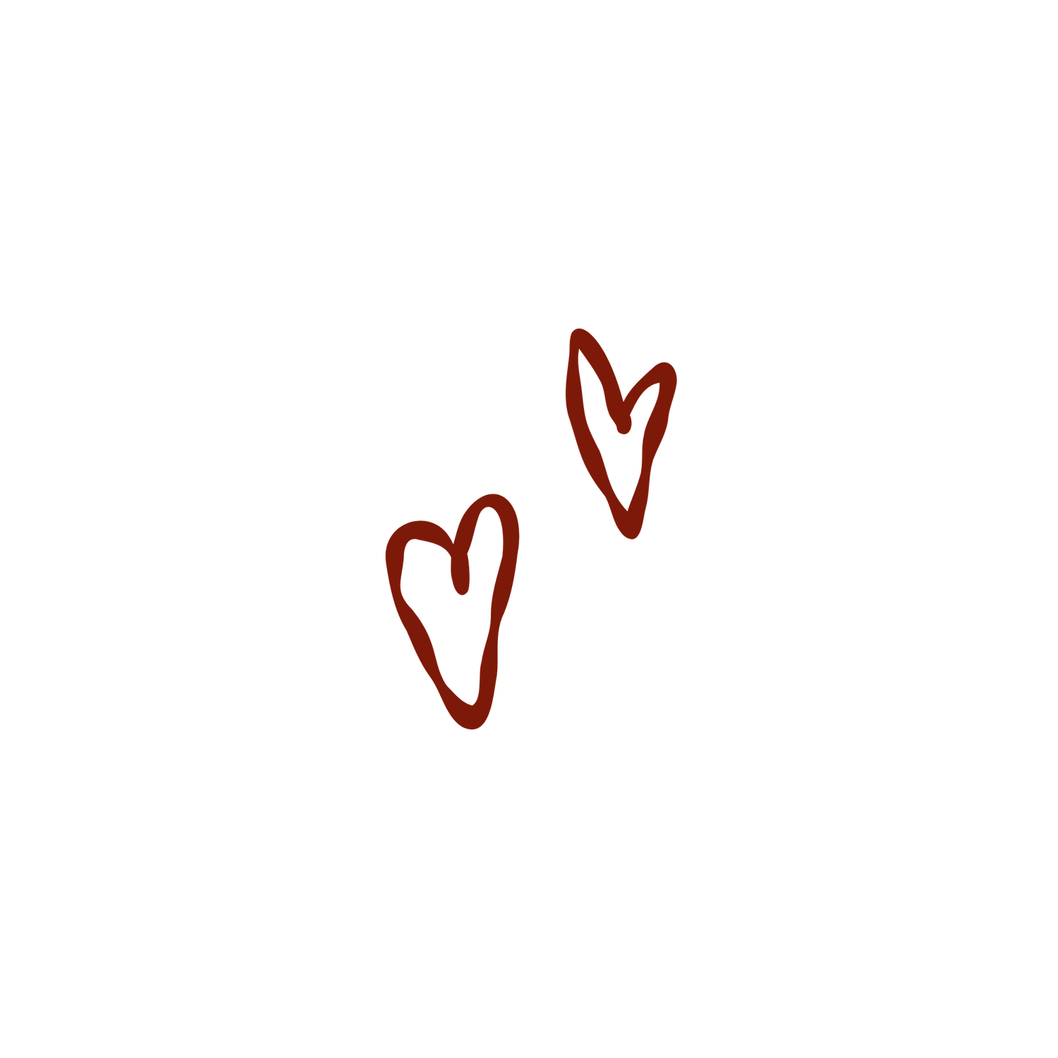 Two hand-drawn dark red hearts doodle illustration on white background.