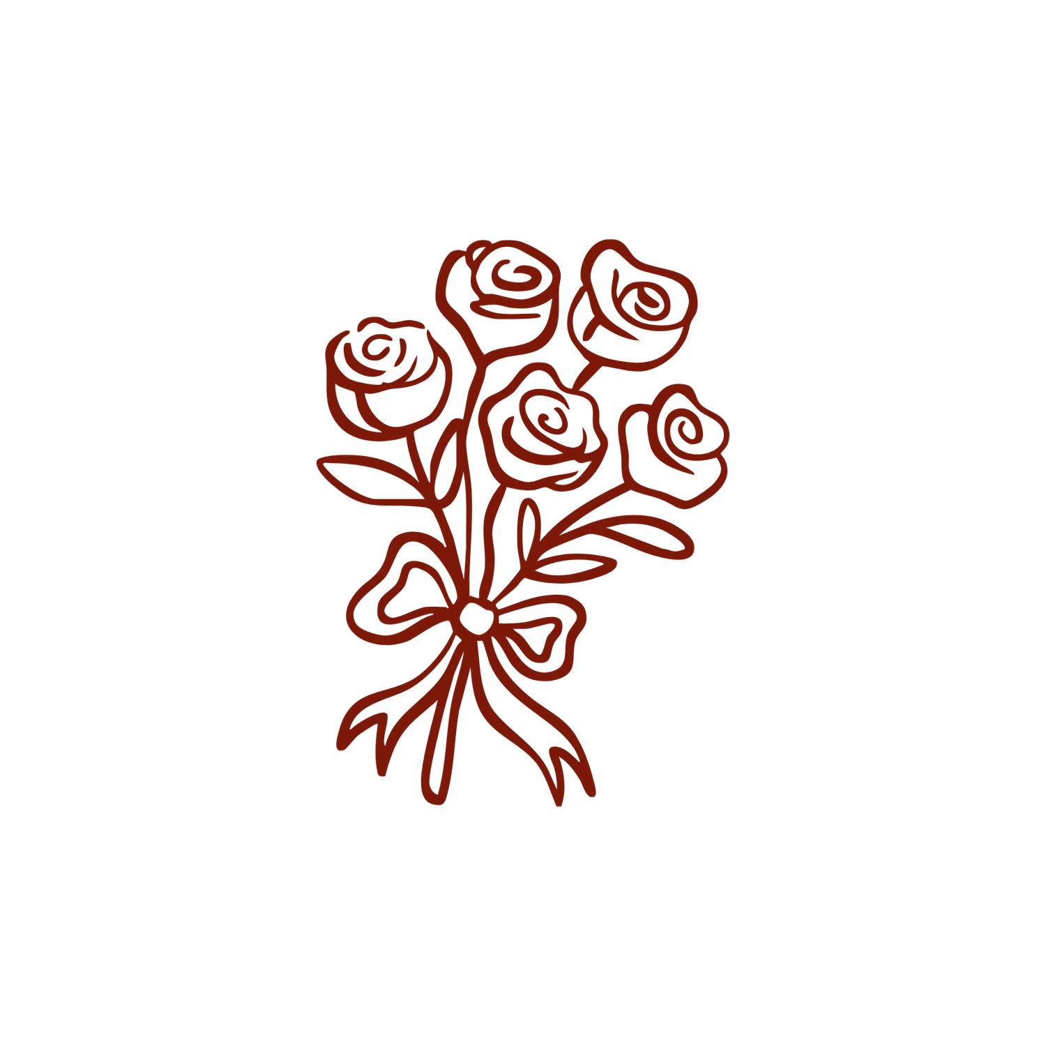 Hand-drawn dark red rose bouquet with bow illustration on white background.