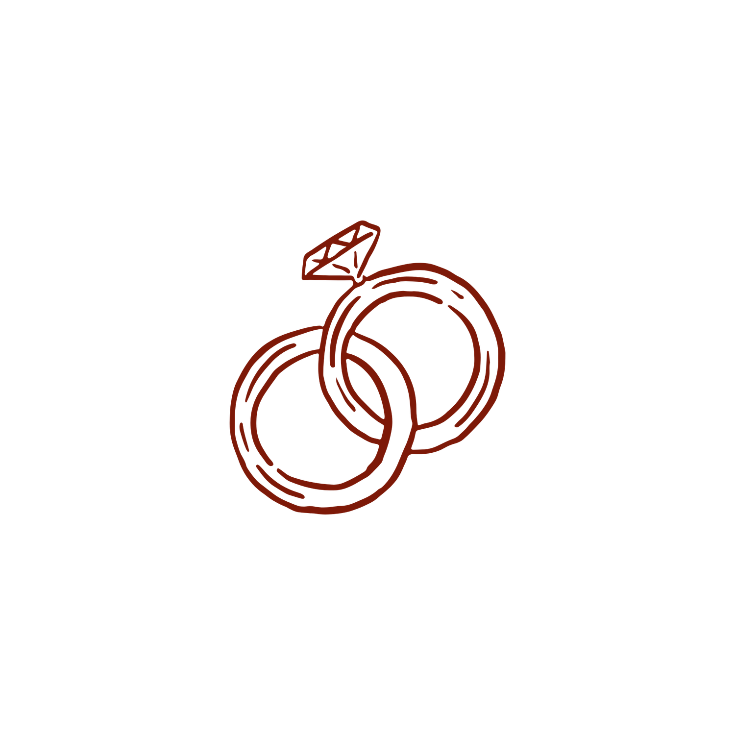 Two interlocked wedding rings with a diamond engagement ring, illustrated in a minimalist dark red line art style.