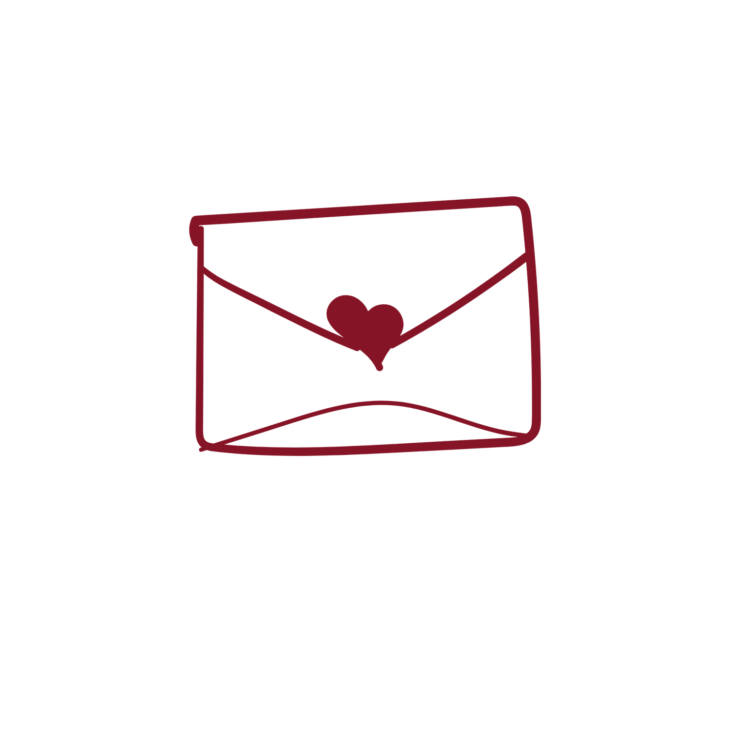 Hand-drawn dark red love letter envelope with heart seal illustration.