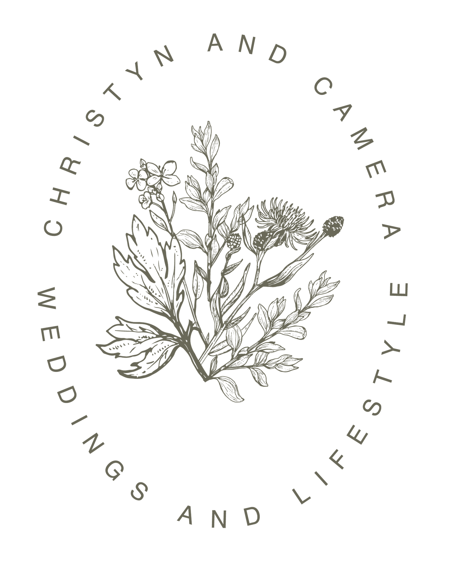 Christyn and Camera Weddings and Lifestyle logo featuring an elegant botanical illustration of wildflowers in sage green.