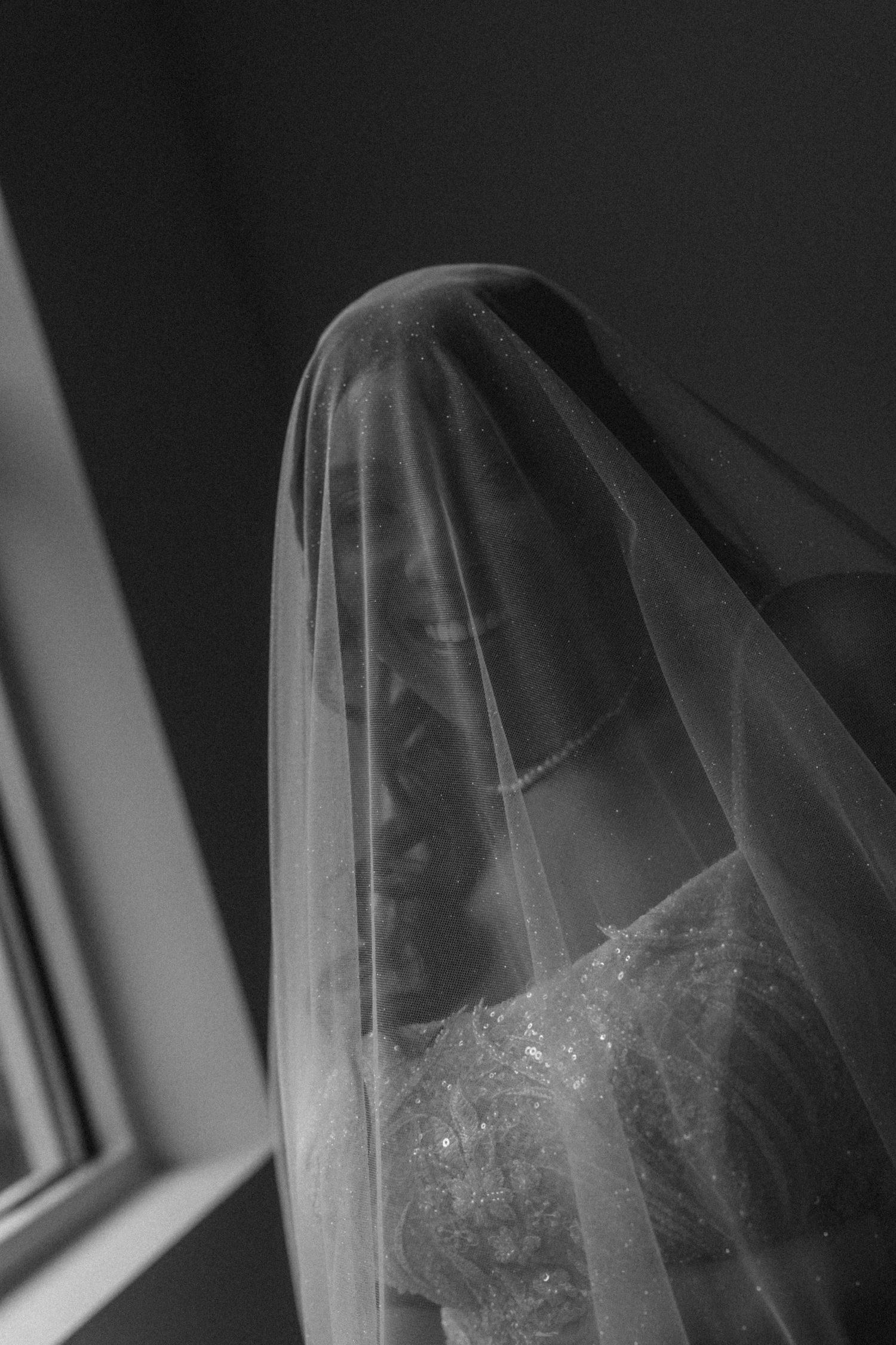 Black and white photo of a bride covered by a sheer wedding veil, standing near a window in her lace gown.